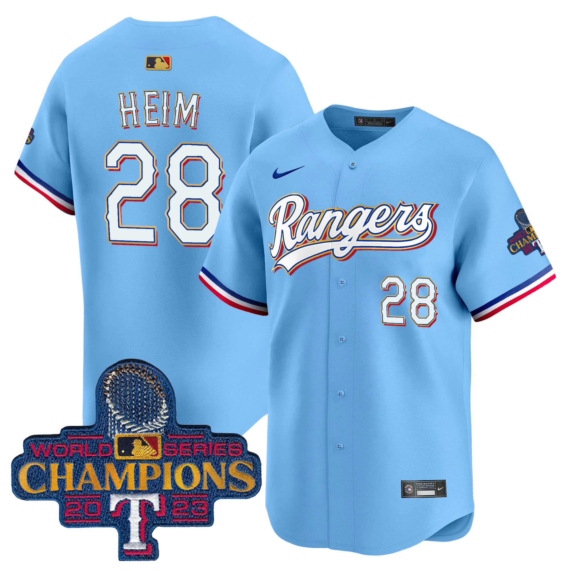 Jonah Heim Men's Texas Rangers 2023 World Series Champions Gold Trim Vapor Premier Limited Blue Jersey - All Stitched