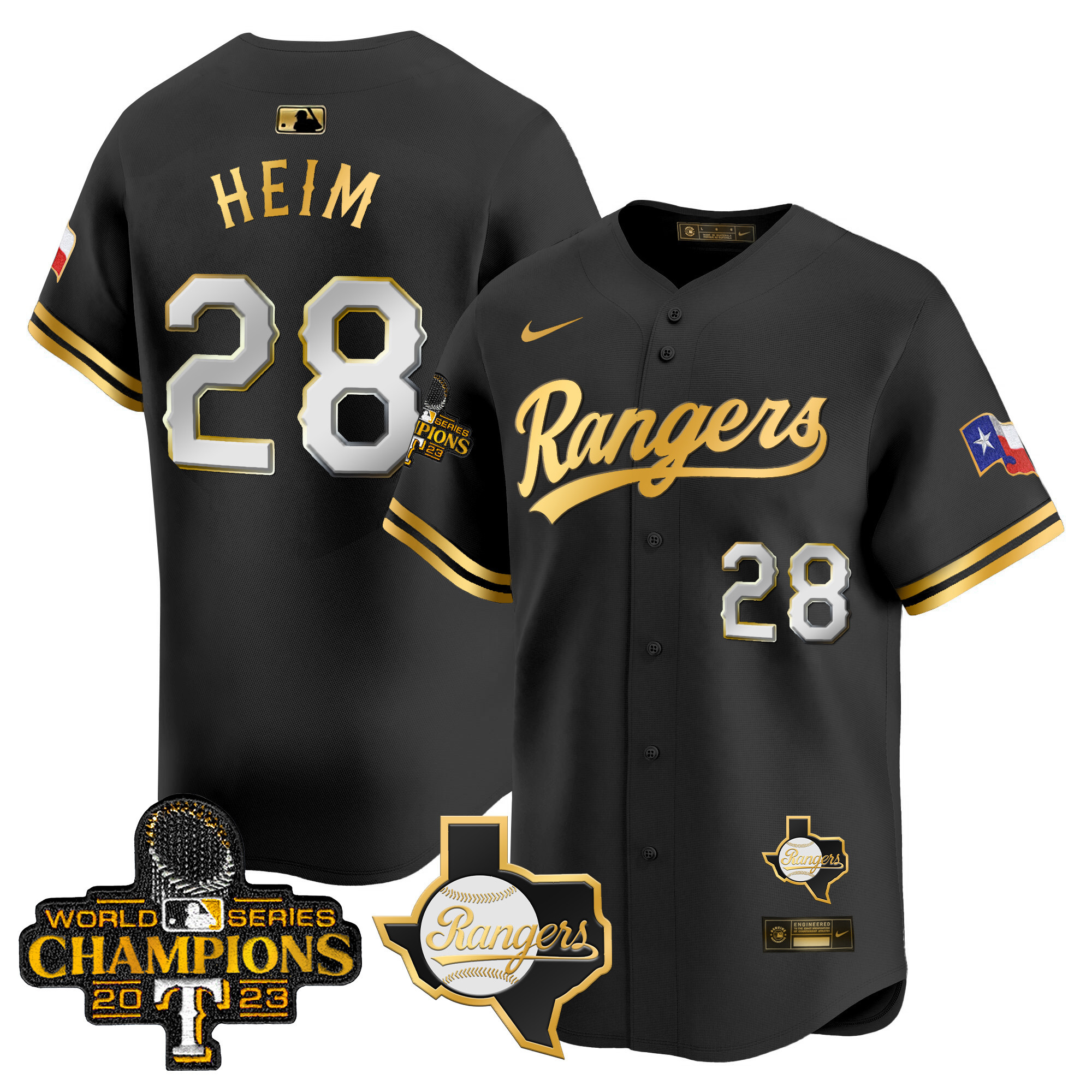 Jonah Heim Men's Texas Rangers 2023 World Series Champions Gold Trim Vapor Premier Limited V2 Black Gold Jersey - All Stitched