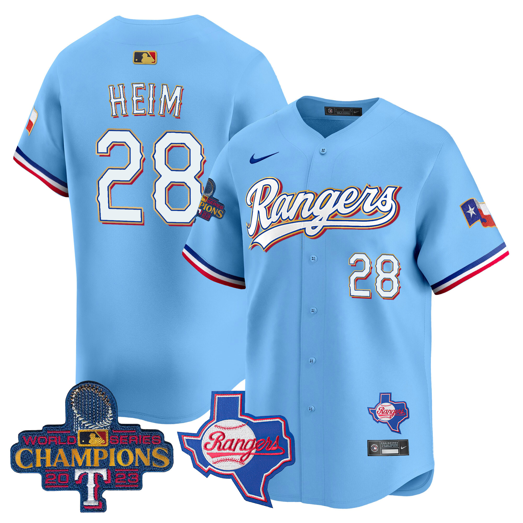 Jonah Heim Men's Texas Rangers 2023 World Series Champions Gold Trim Vapor Premier Limited V2 Blue Jersey - All Stitched