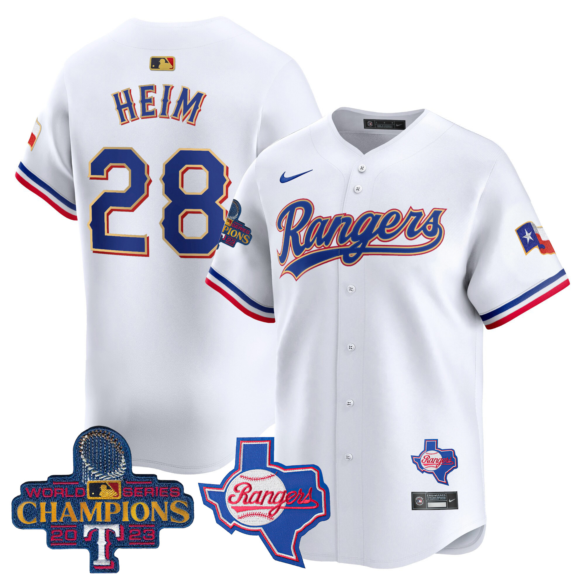 Jonah Heim Men's Texas Rangers 2023 World Series Champions Gold Trim Vapor Premier Limited V2 White Jersey - All Stitched