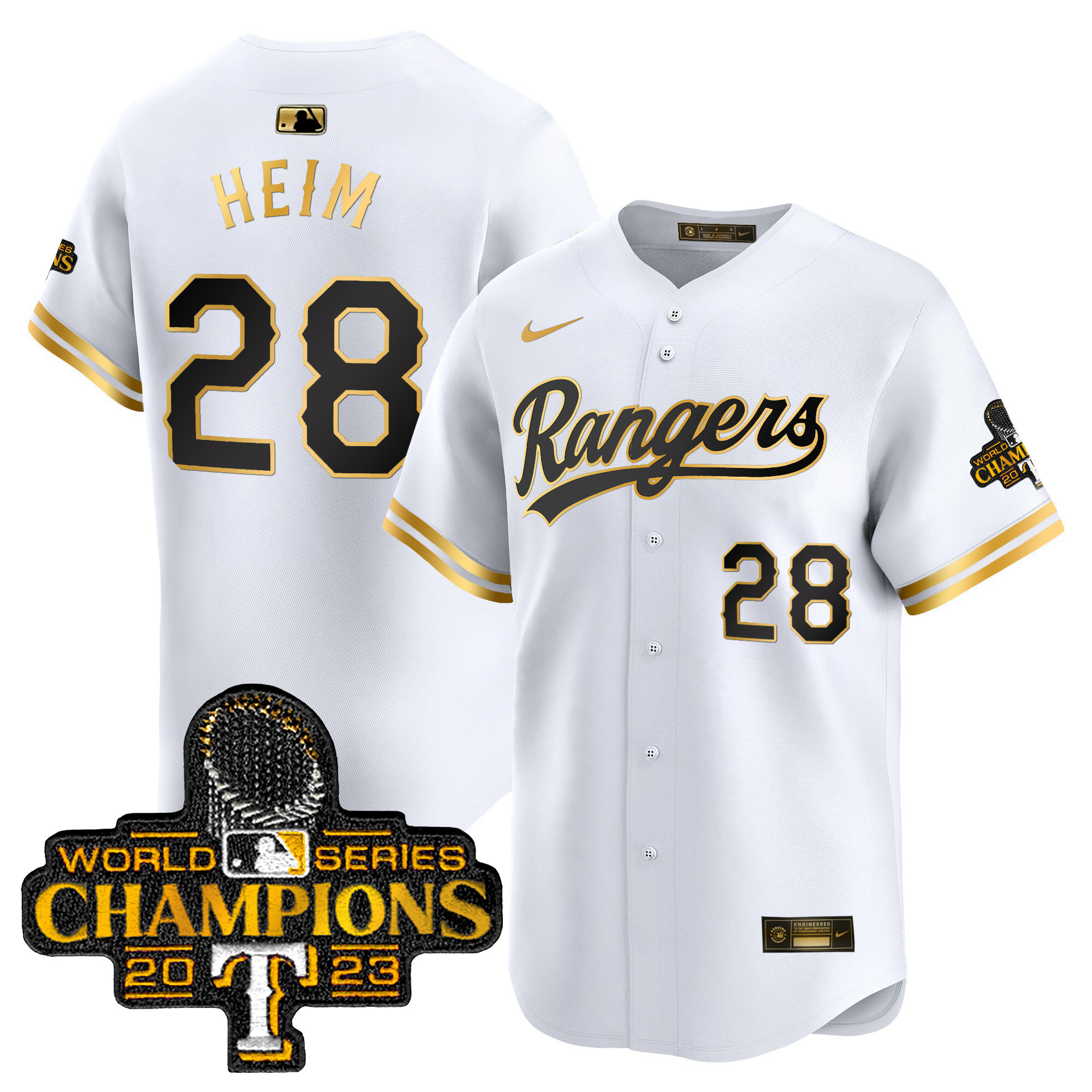 Jonah Heim Men's Texas Rangers 2023 World Series Champions Gold Trim Vapor Premier Limited White Gold Jersey - All Stitched
