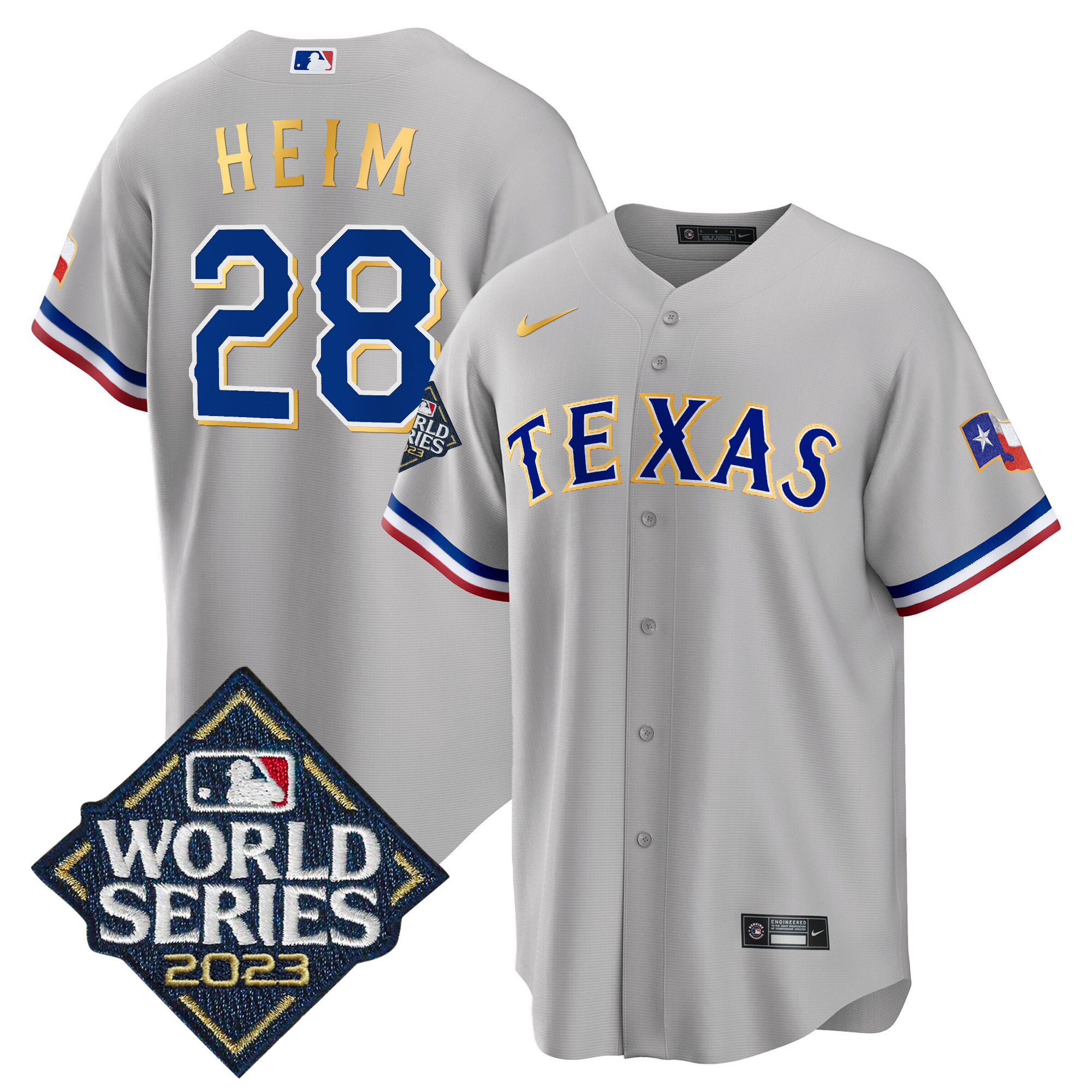 Jonah Heim Men's Texas Rangers 2023 World Series Cool Base Gold Trim Gray Jersey - All Stitched