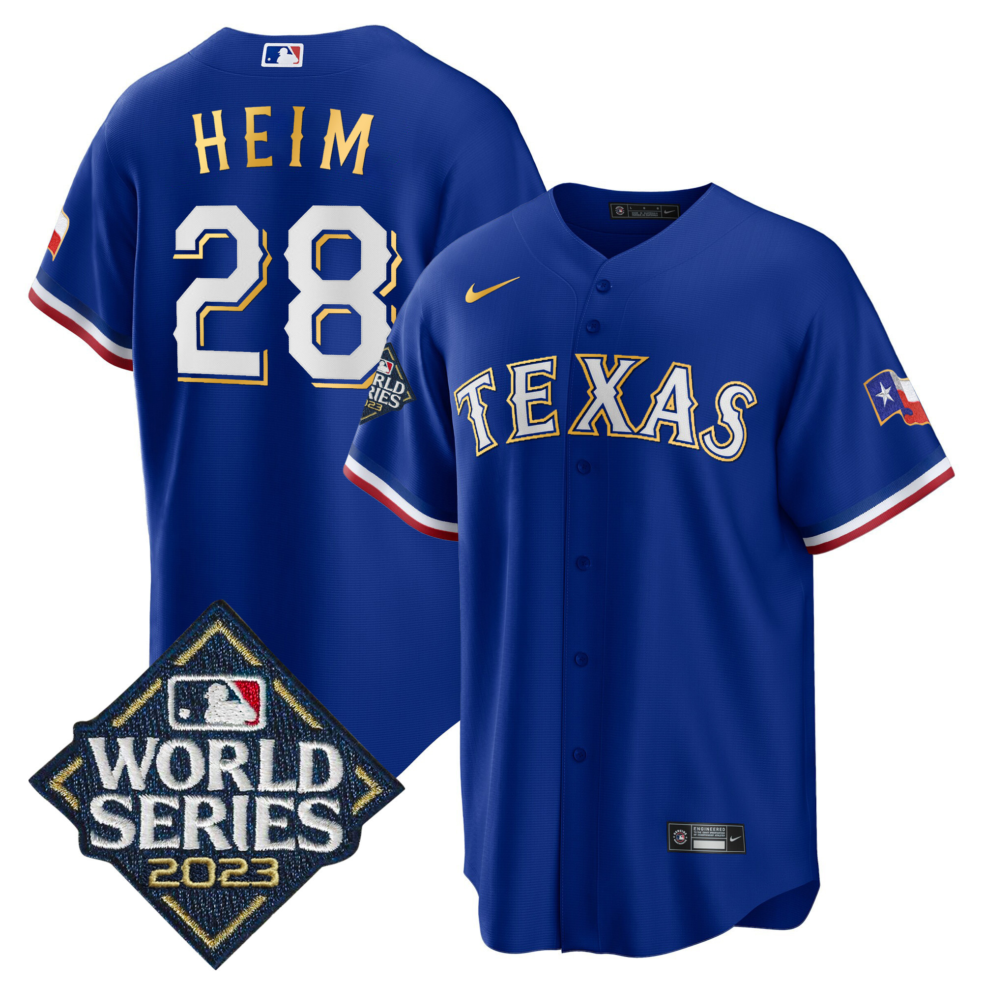 Jonah Heim Men's Texas Rangers 2023 World Series Cool Base Gold Trim Royal Jersey - All Stitched