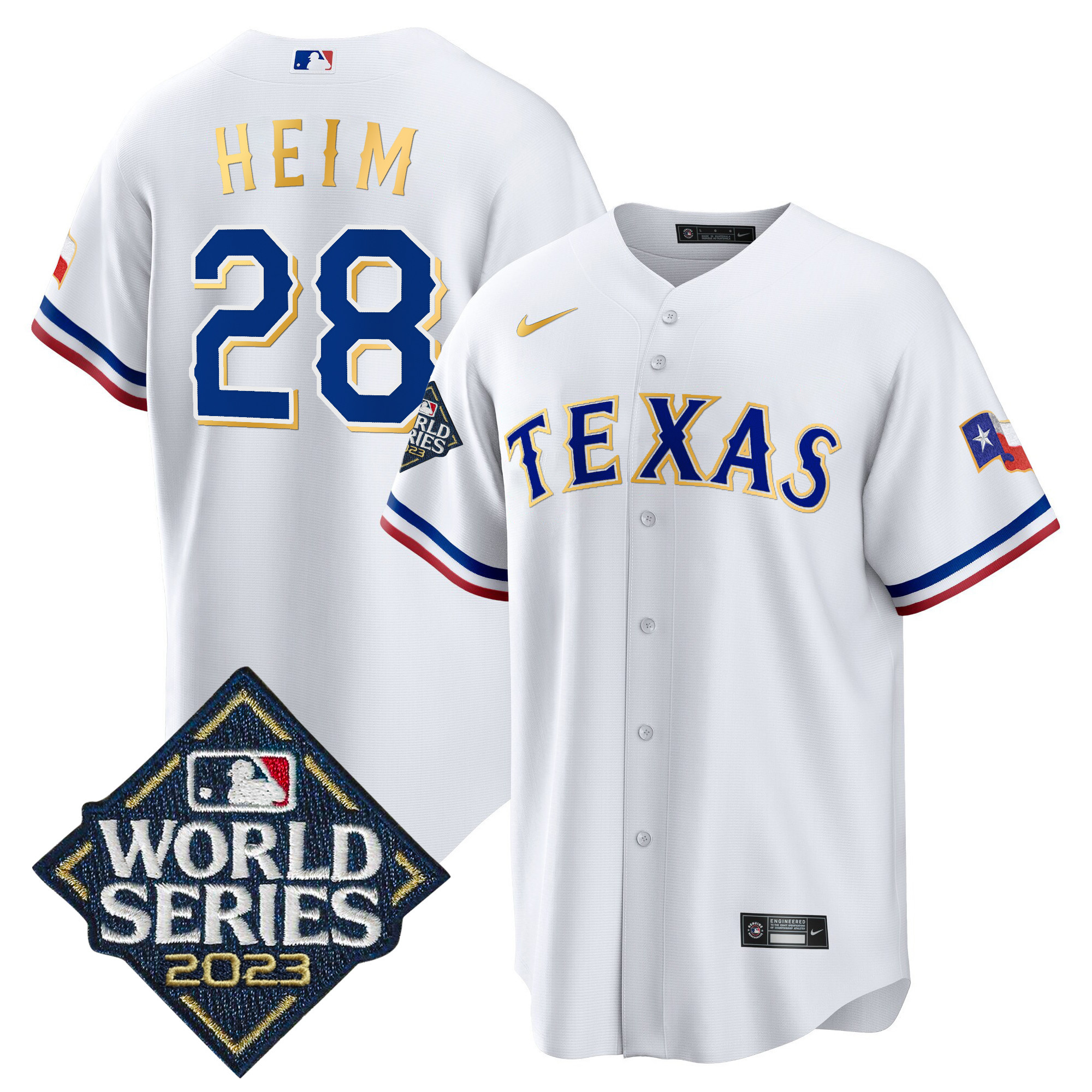 Jonah Heim Men's Texas Rangers 2023 World Series Cool Base Gold Trim White Jersey - All Stitched