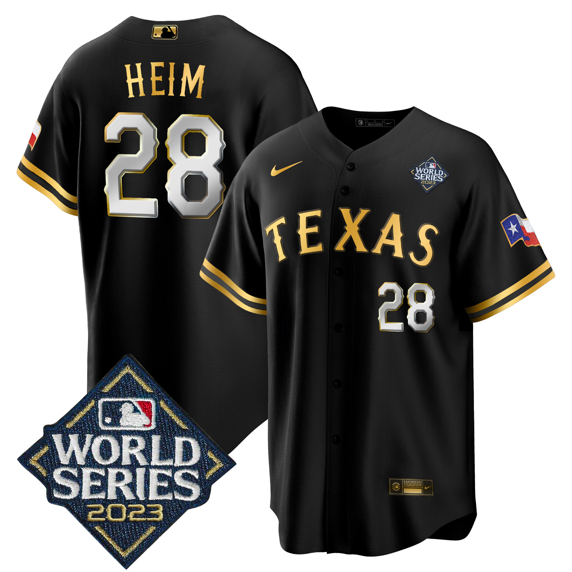 Jonah Heim Men's Texas Rangers 2023 World Series Cool Base V2 Black Gold Jersey - All Stitched