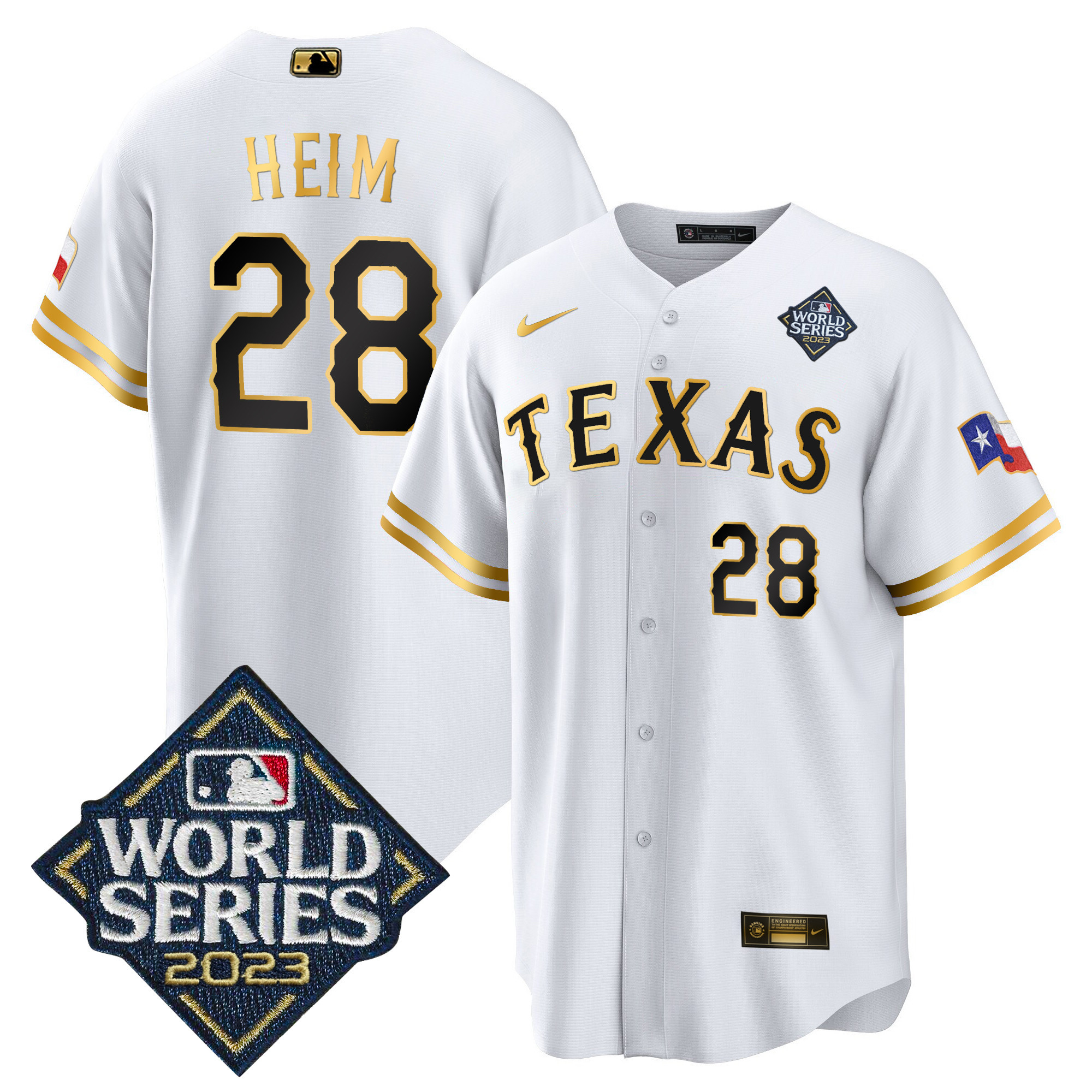Jonah Heim Men's Texas Rangers 2023 World Series Cool Base V2 White Gold Jersey - All Stitched