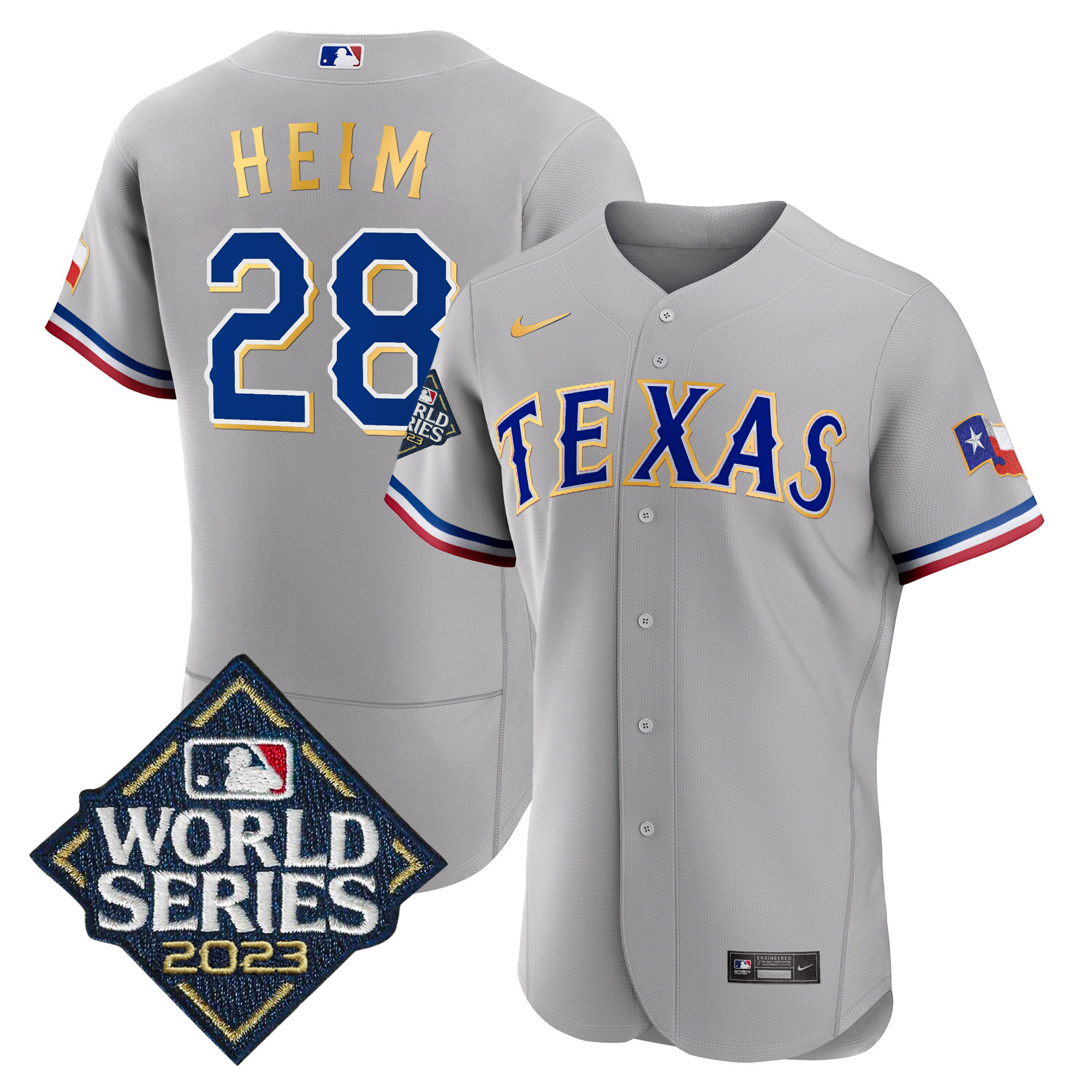 Jonah Heim Men's Texas Rangers 2023 World Series Flex Base Gold Trim Gray Jersey - All Stitched
