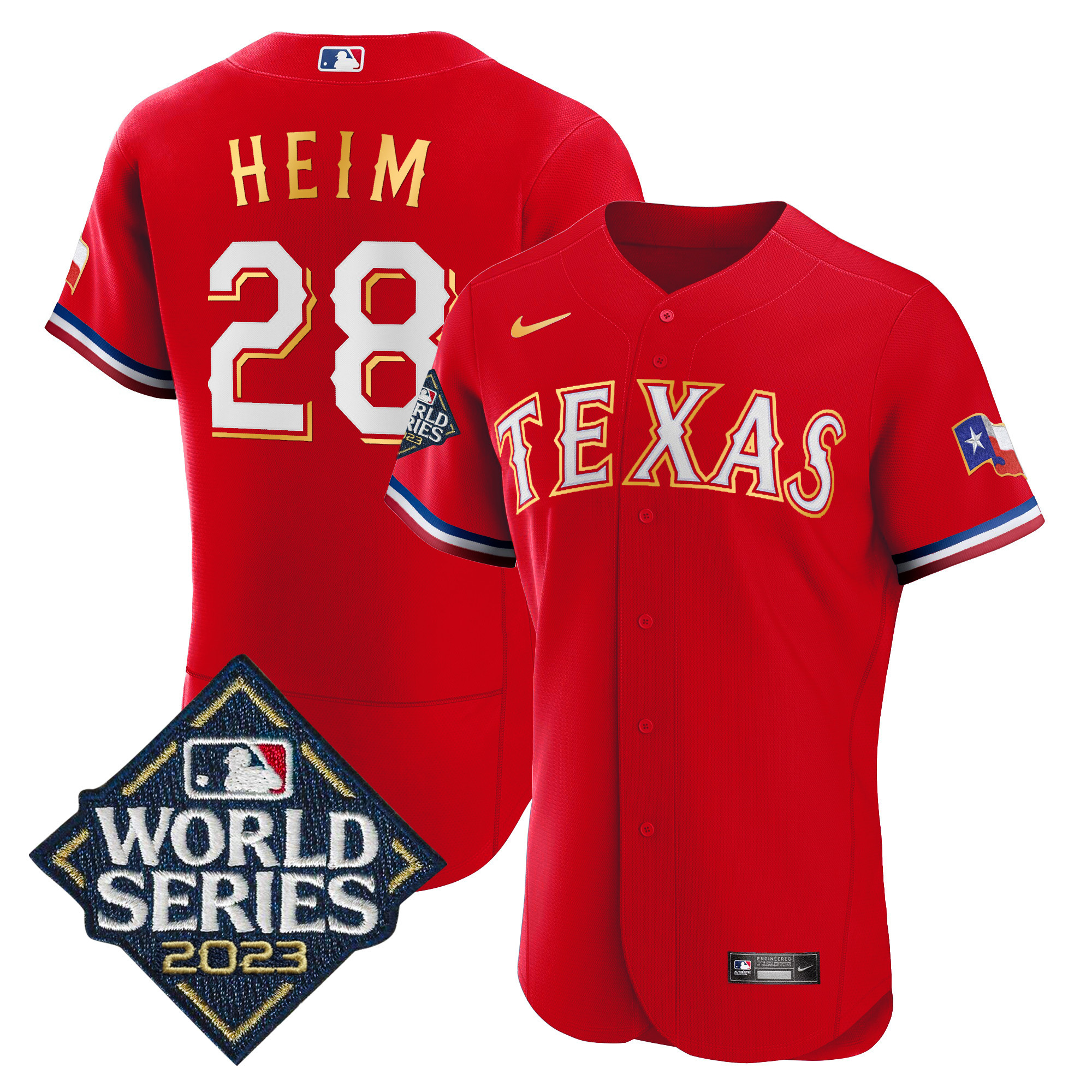 Jonah Heim Men's Texas Rangers 2023 World Series Flex Base Gold Trim Red Jersey - All Stitched