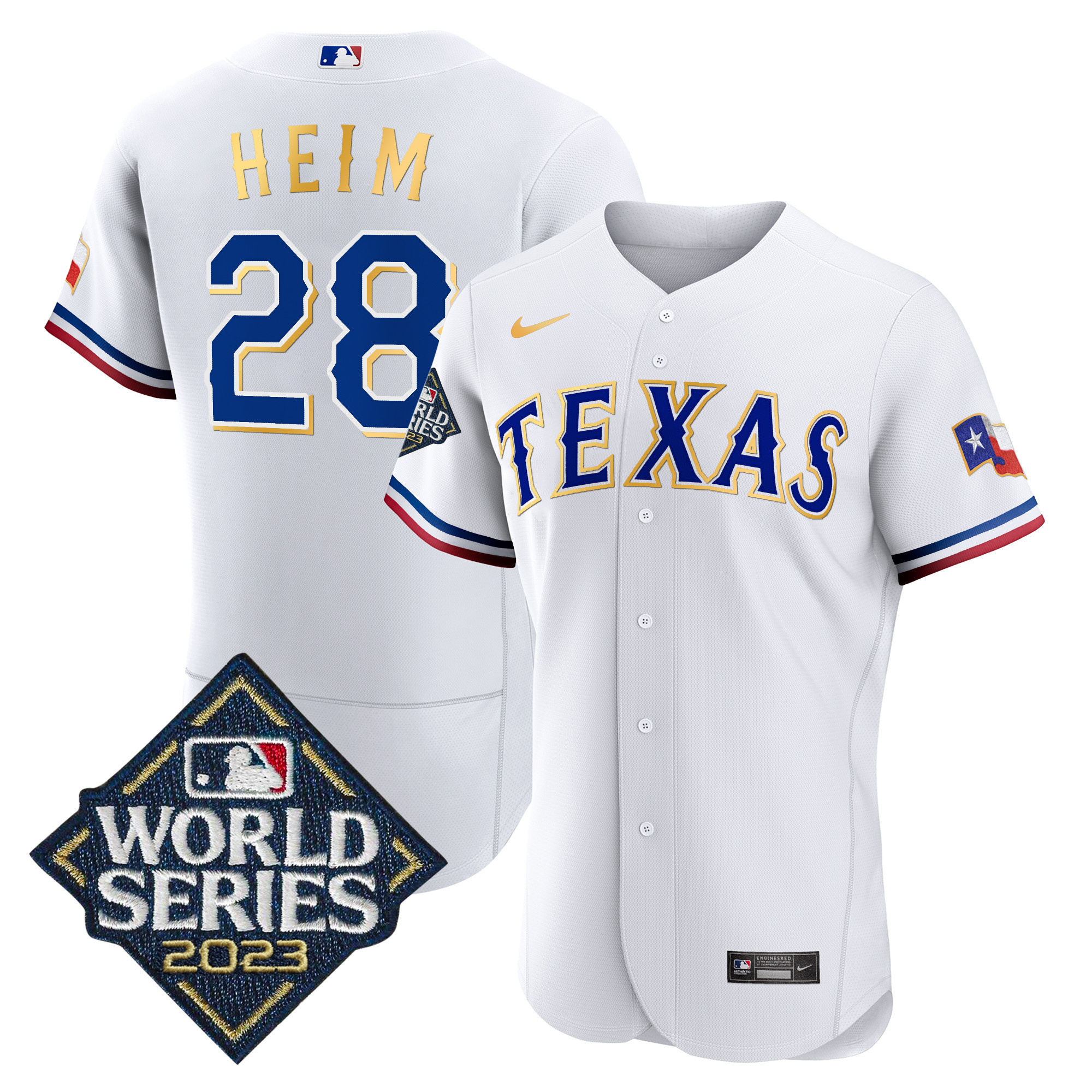 Jonah Heim Men's Texas Rangers 2023 World Series Flex Base Gold Trim White Jersey - All Stitched