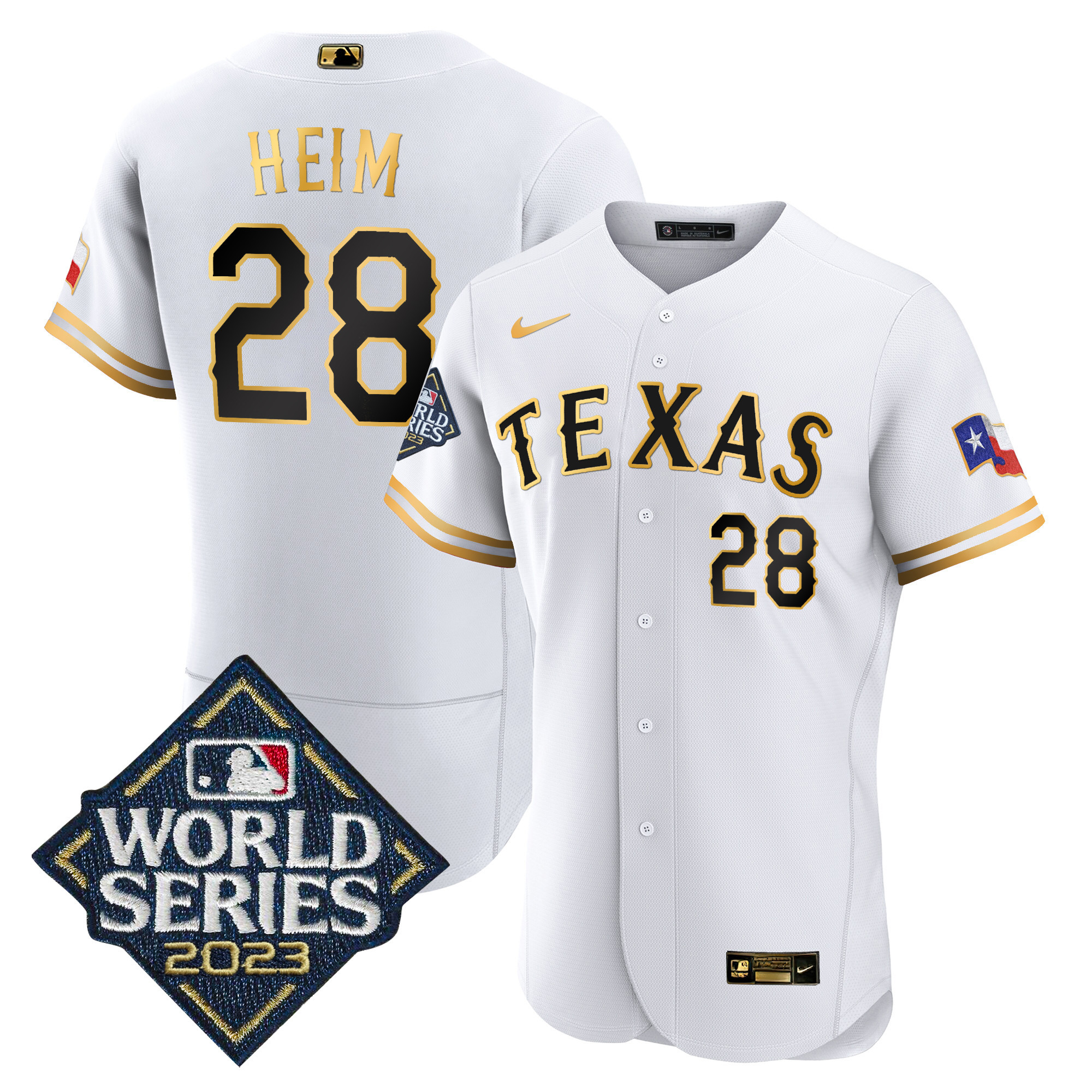 Jonah Heim Men's Texas Rangers 2023 World Series Flex Base White Gold Jersey - All Stitched