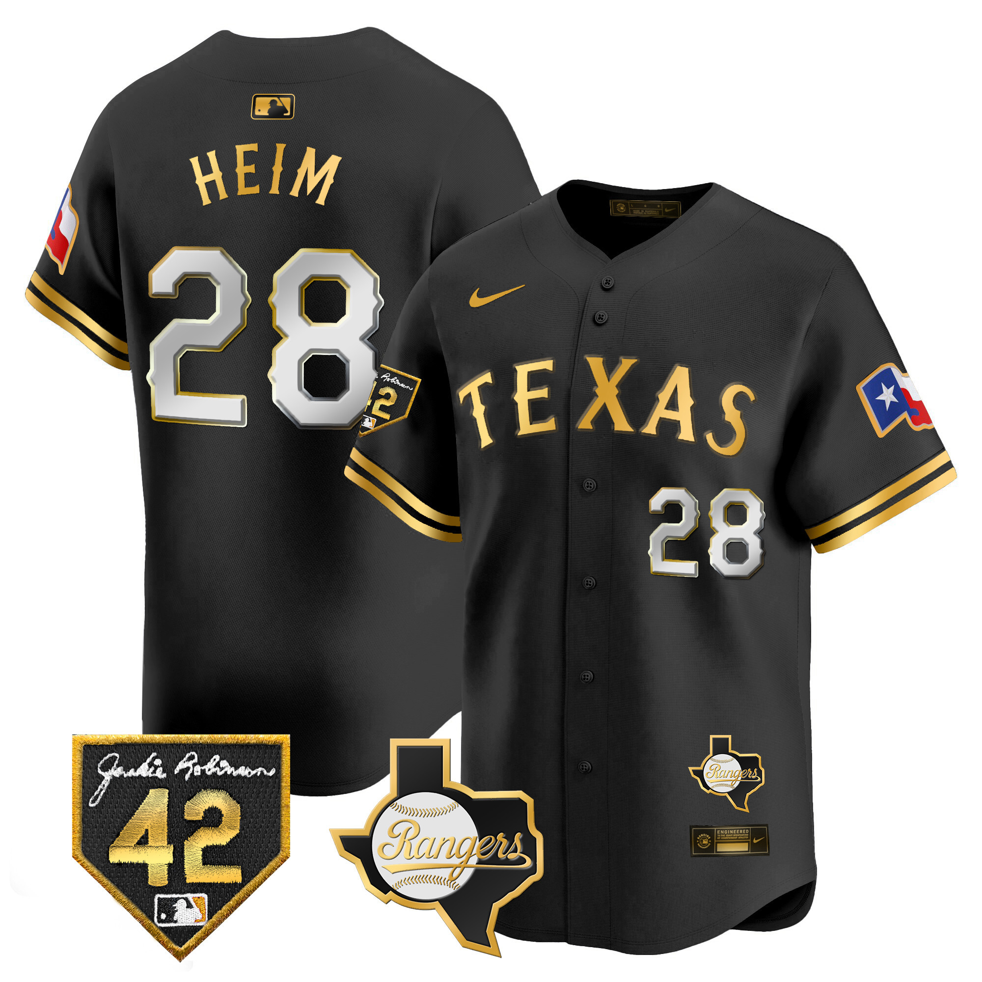 Jonah Heim Men's Texas Rangers 2024 Jackie Robinson Patch Vapor Premier Limited Black Gold Jersey - All Stitched