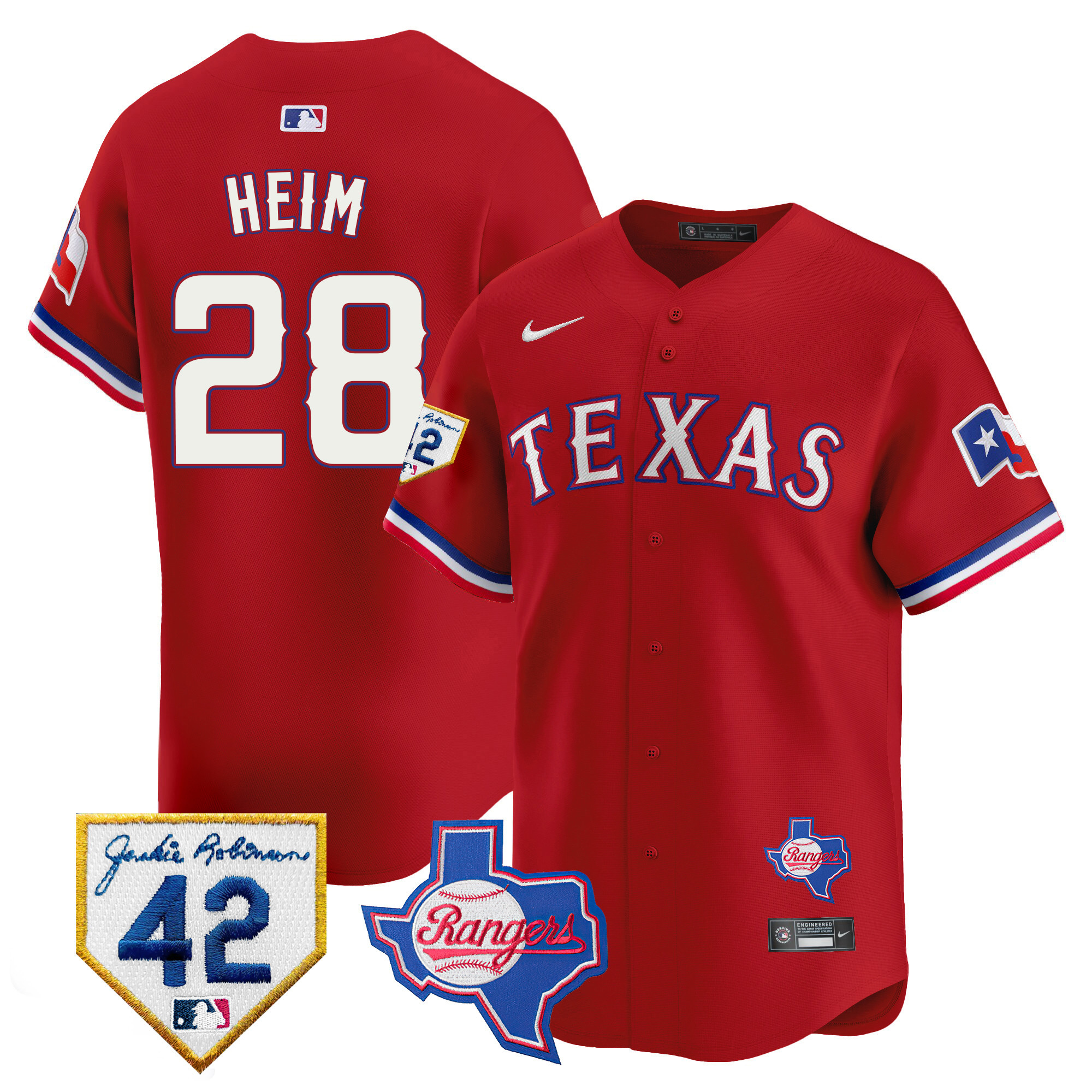 Jonah Heim Men's Texas Rangers 2024 Jackie Robinson Patch Vapor Premier Limited Red Jersey - All Stitched