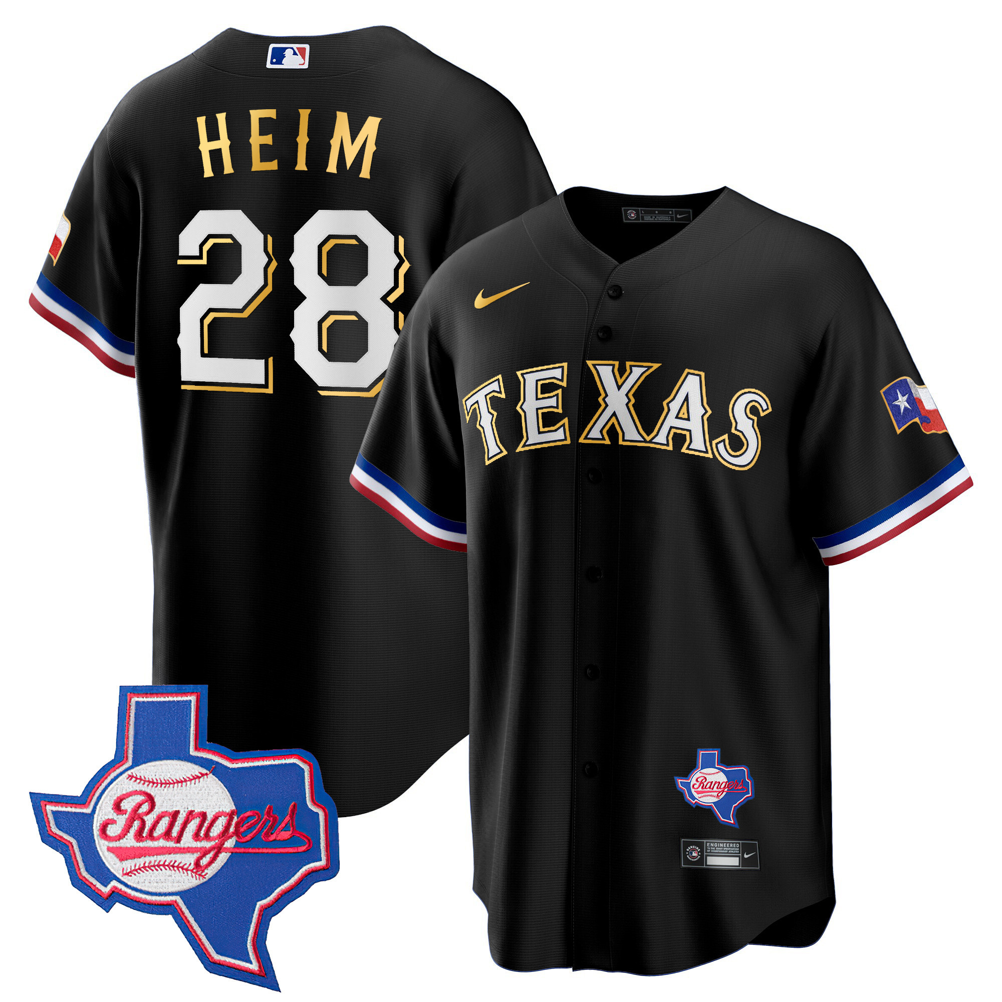 Jonah Heim Men's Texas Rangers Gold Trim Cool Base - Texas Patch Black Jersey - All Stitched