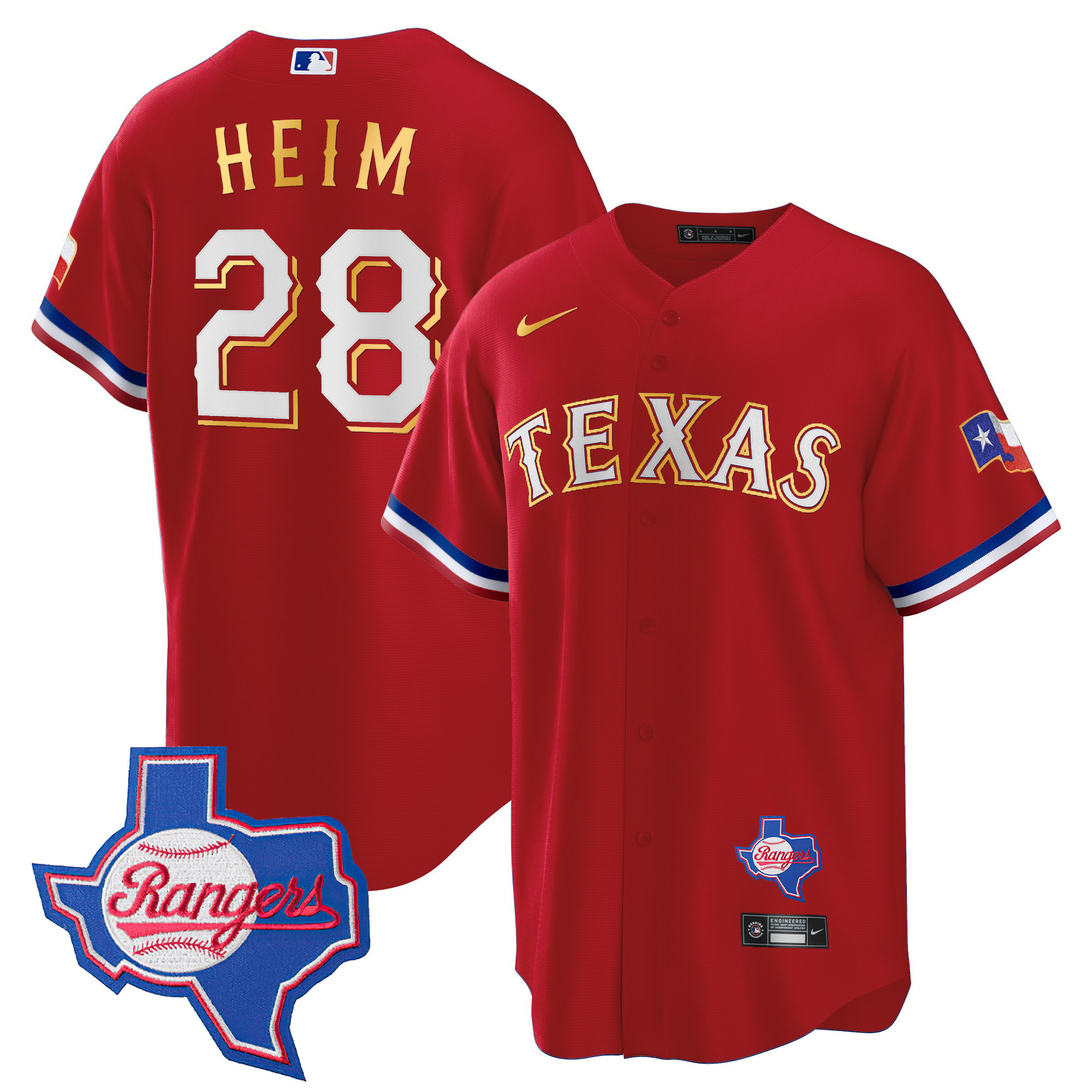 Jonah Heim Men's Texas Rangers Gold Trim Cool Base - Texas Patch Red Jersey - All Stitched