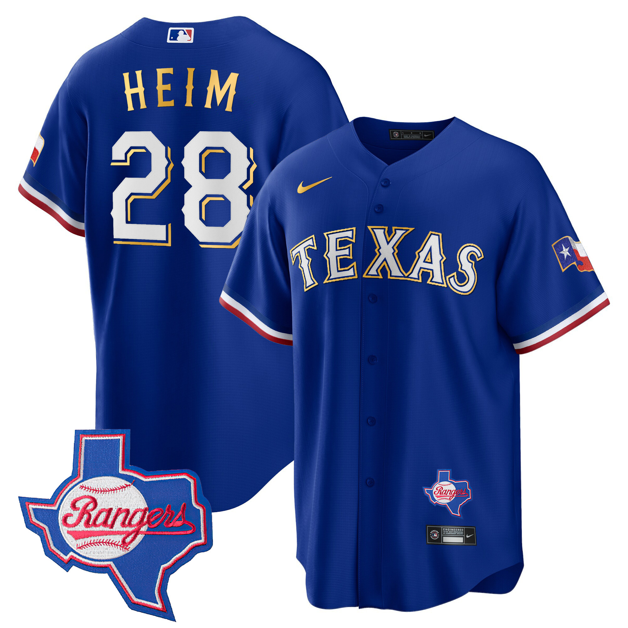 Jonah Heim Men's Texas Rangers Gold Trim Cool Base - Texas Patch Royal Jersey - All Stitched