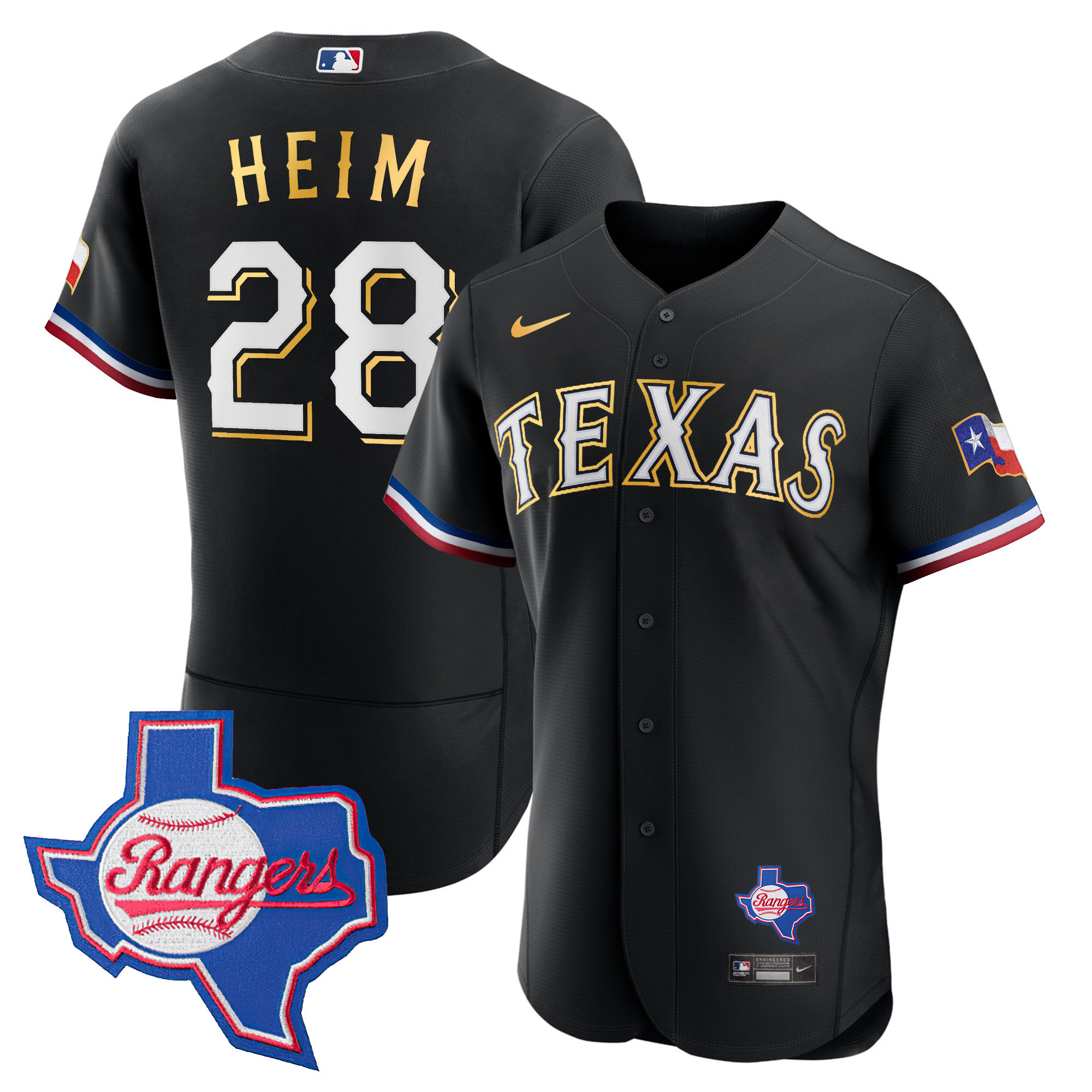 Jonah Heim Men's Texas Rangers Gold Trim Flex Base - Texas Patch Black Jersey - All Stitched
