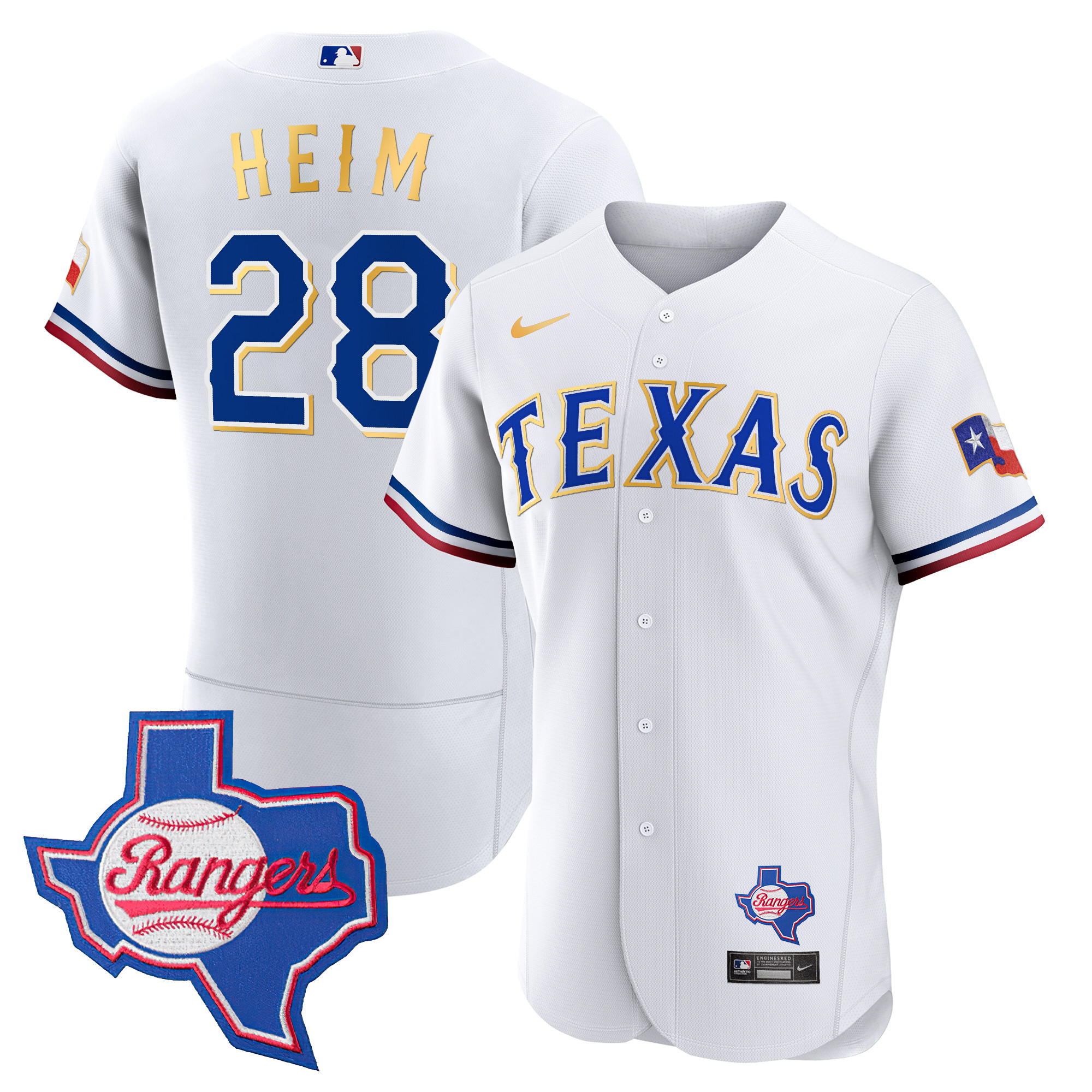 Jonah Heim Men's Texas Rangers Gold Trim Flex Base - Texas Patch White Jersey - All Stitched