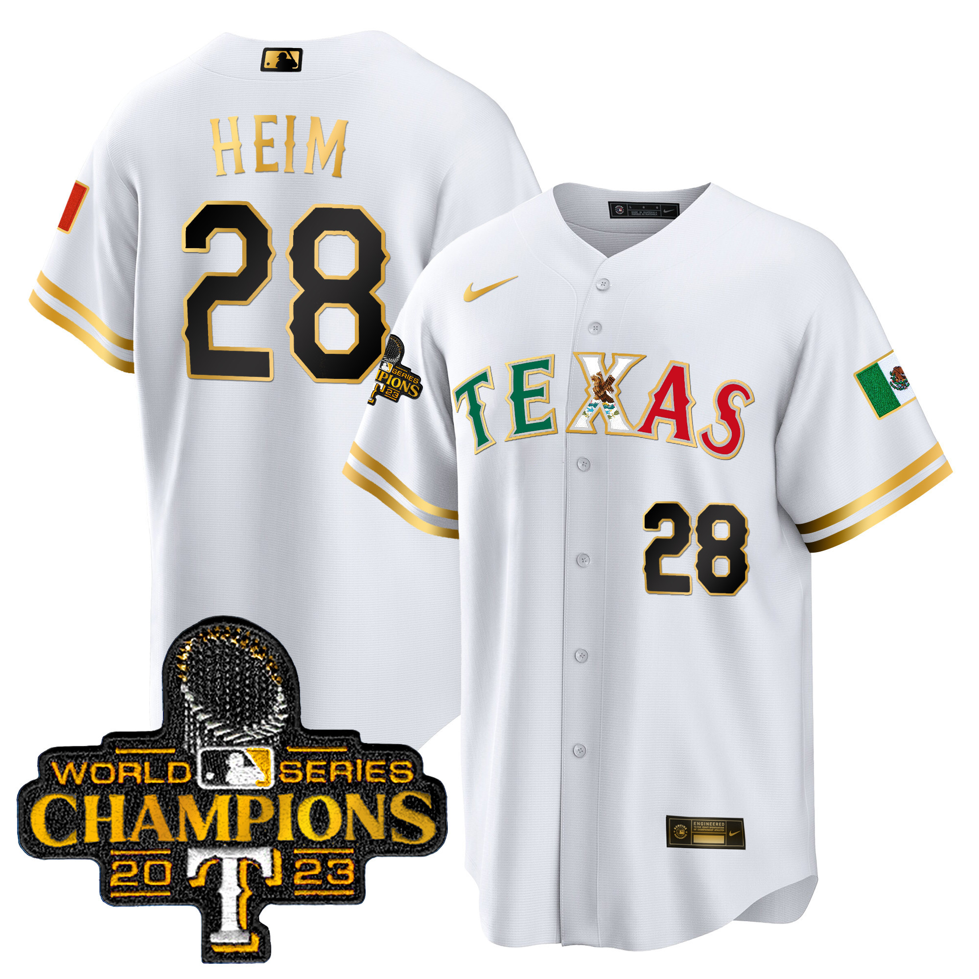 Jonah Heim Men's Texas Rangers Mexico 2023 World Series Champions Baseball White Gold Jersey - All Stitched