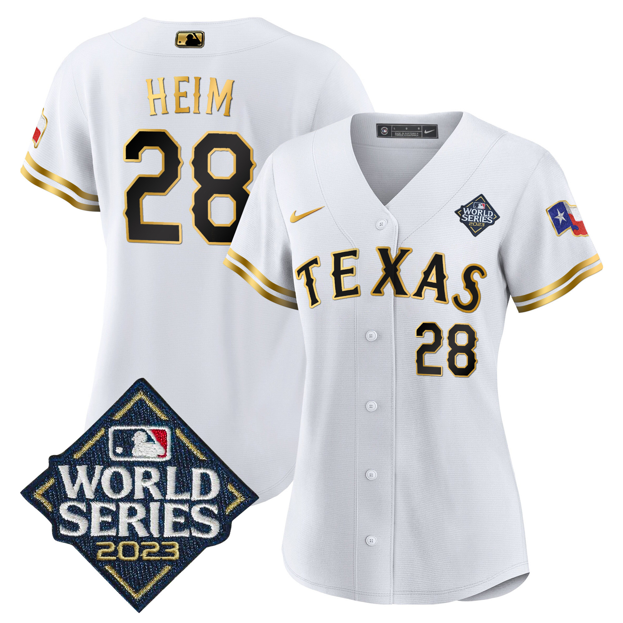 Jonah Heim Women's Texas Rangers 2023 World Series Baseball V2 White Gold Jersey - All Stitched