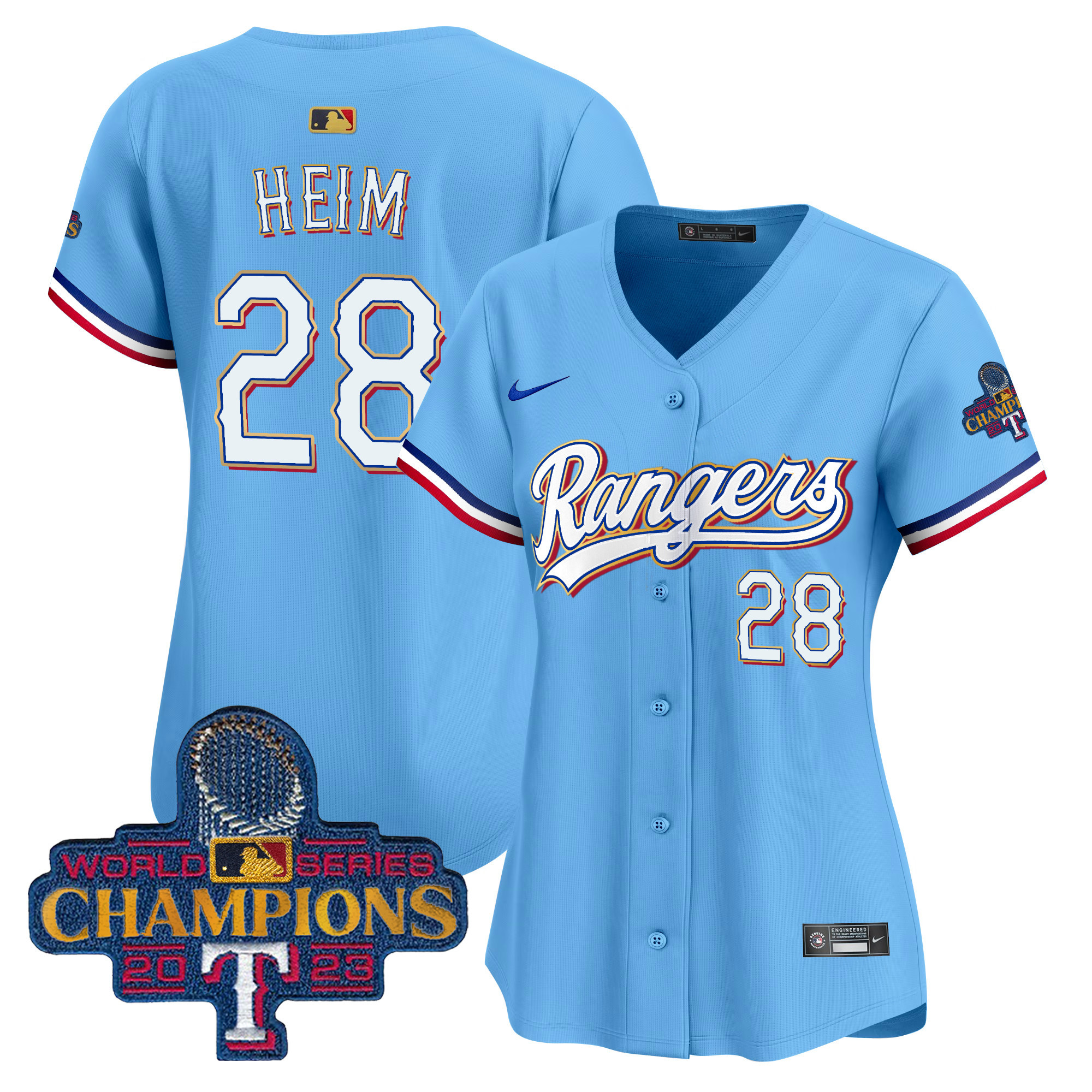 Jonah Heim Women's Texas Rangers 2023 World Series Champions Gold Trim Vapor Premier Limited Blue Jersey - All Stitched