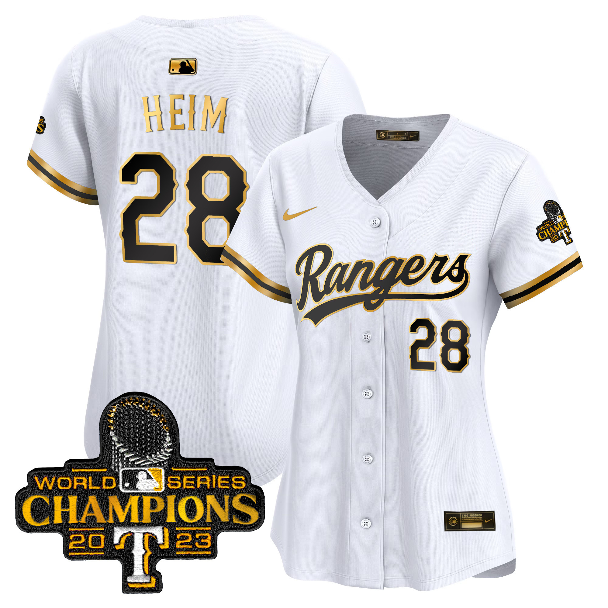 Jonah Heim Women's Texas Rangers 2023 World Series Champions Gold Trim Vapor Premier Limited White Gold Jersey - All Stitched