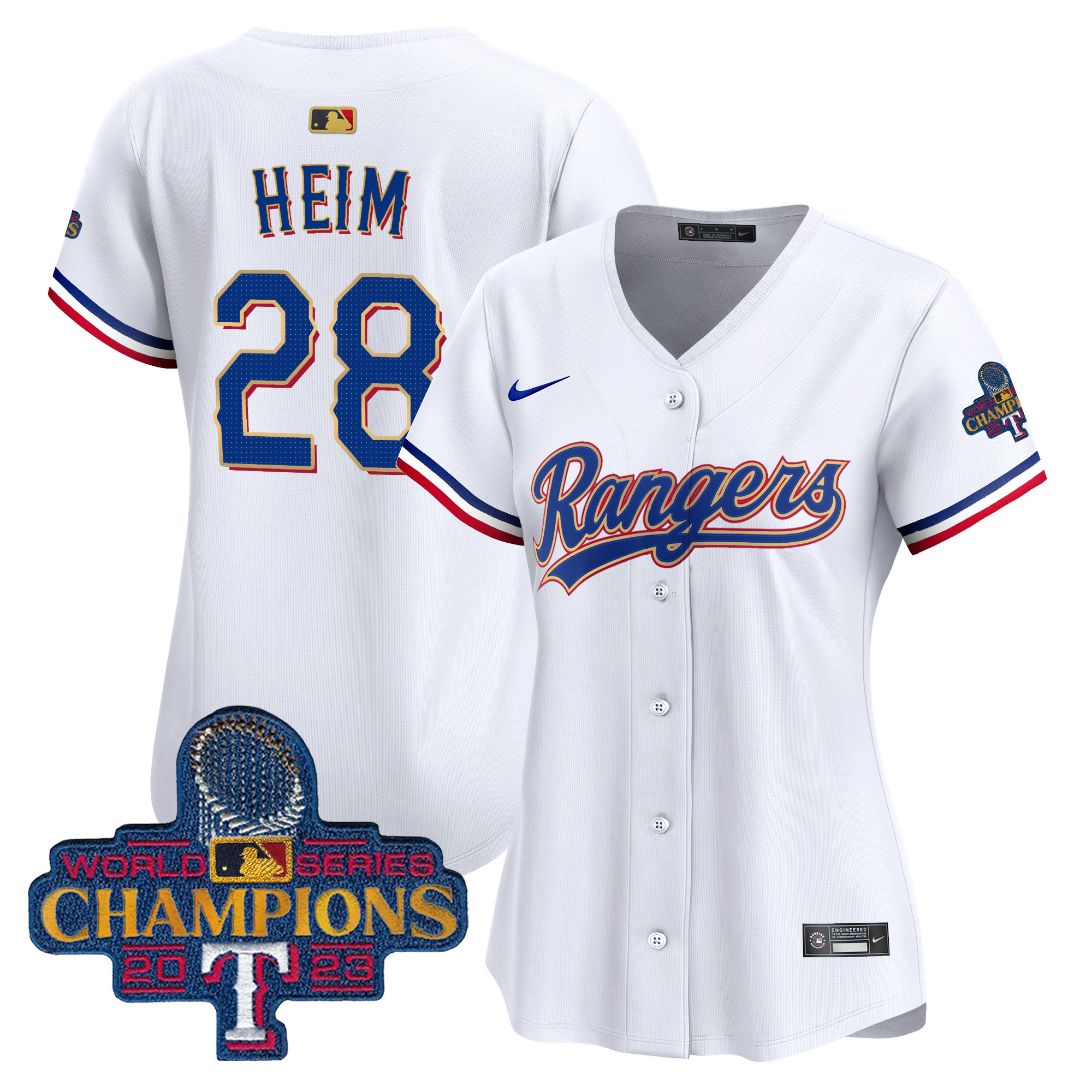 Jonah Heim Women's Texas Rangers 2023 World Series Champions Gold Trim Vapor Premier Limited White Jersey - All Stitched