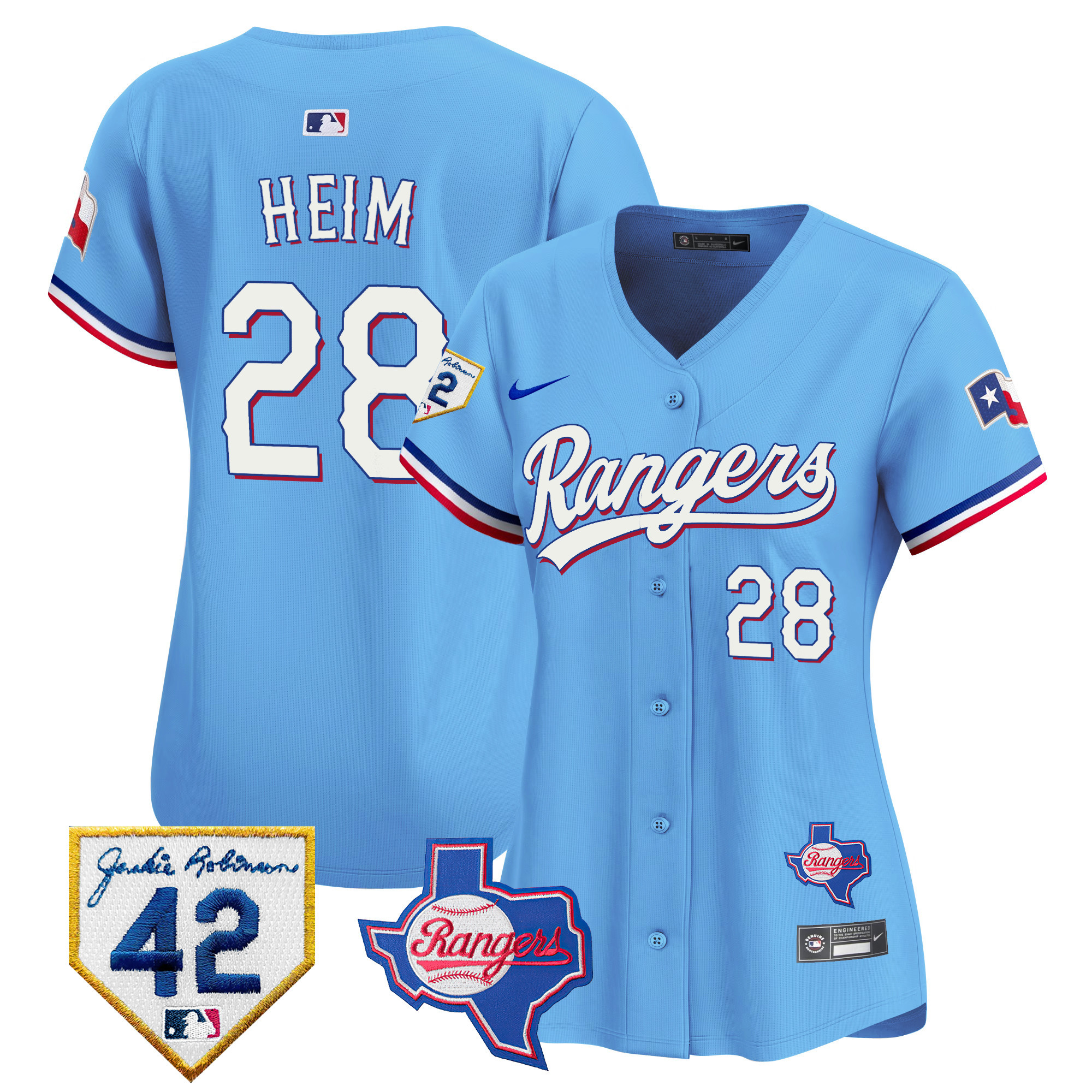 Jonah Heim Women's Texas Rangers 2024 Jackie Robinson Patch Vapor Premier Limited Blue Jersey - All Stitched