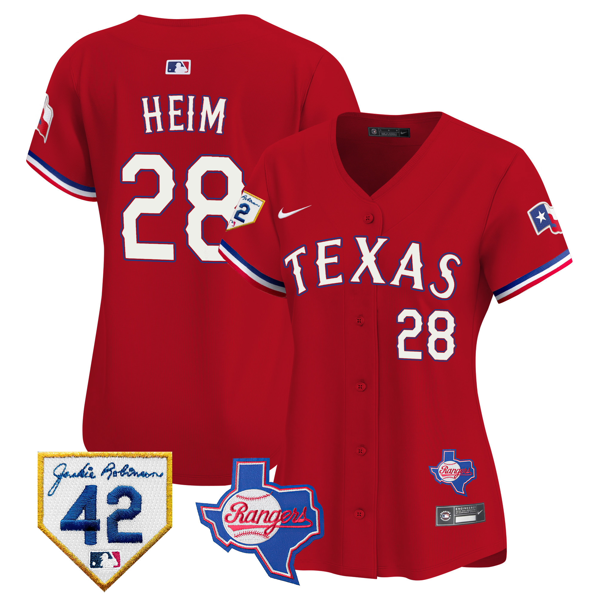 Jonah Heim Women's Texas Rangers 2024 Jackie Robinson Patch Vapor Premier Limited Red Jersey - All Stitched