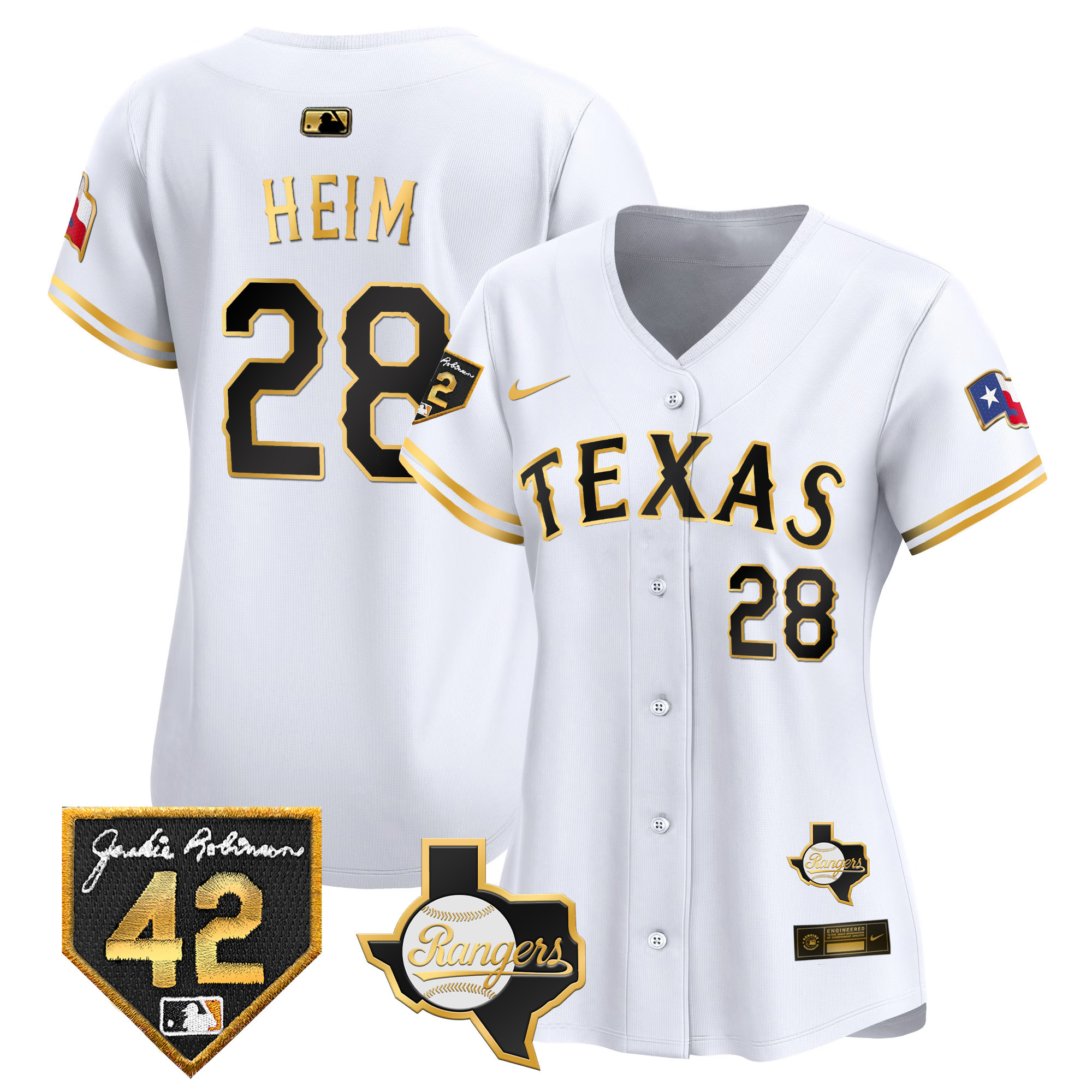 Jonah Heim Women's Texas Rangers 2024 Jackie Robinson Patch Vapor Premier Limited White Gold Jersey - All Stitched