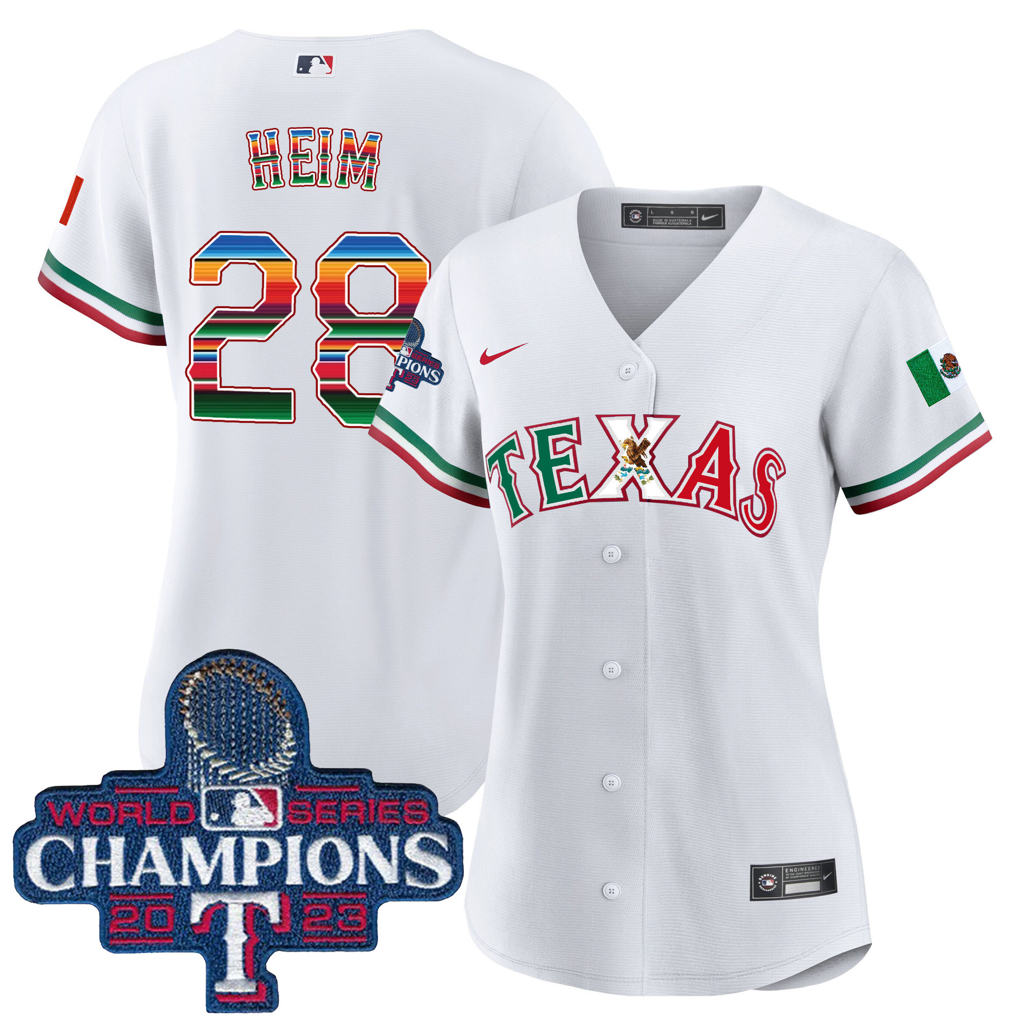 Jonah Heim Women's Texas Rangers Mexico 2023 World Series Champions Baseball V2 White Jersey - All Stitched