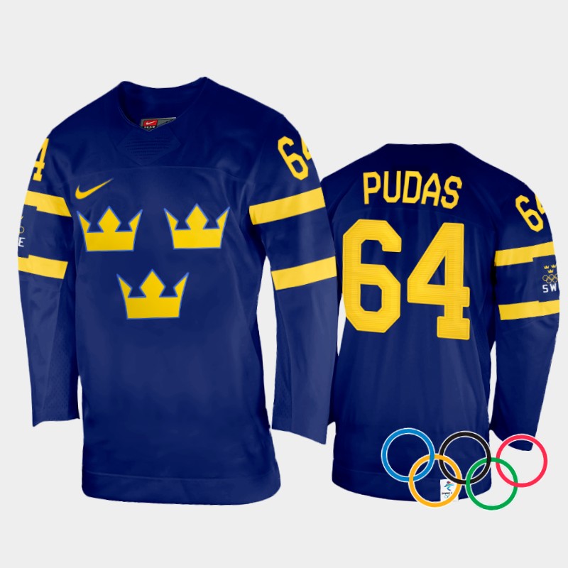 Jonathan Pudas Sweden Navy Away Jersey 2022 Winter Olympics