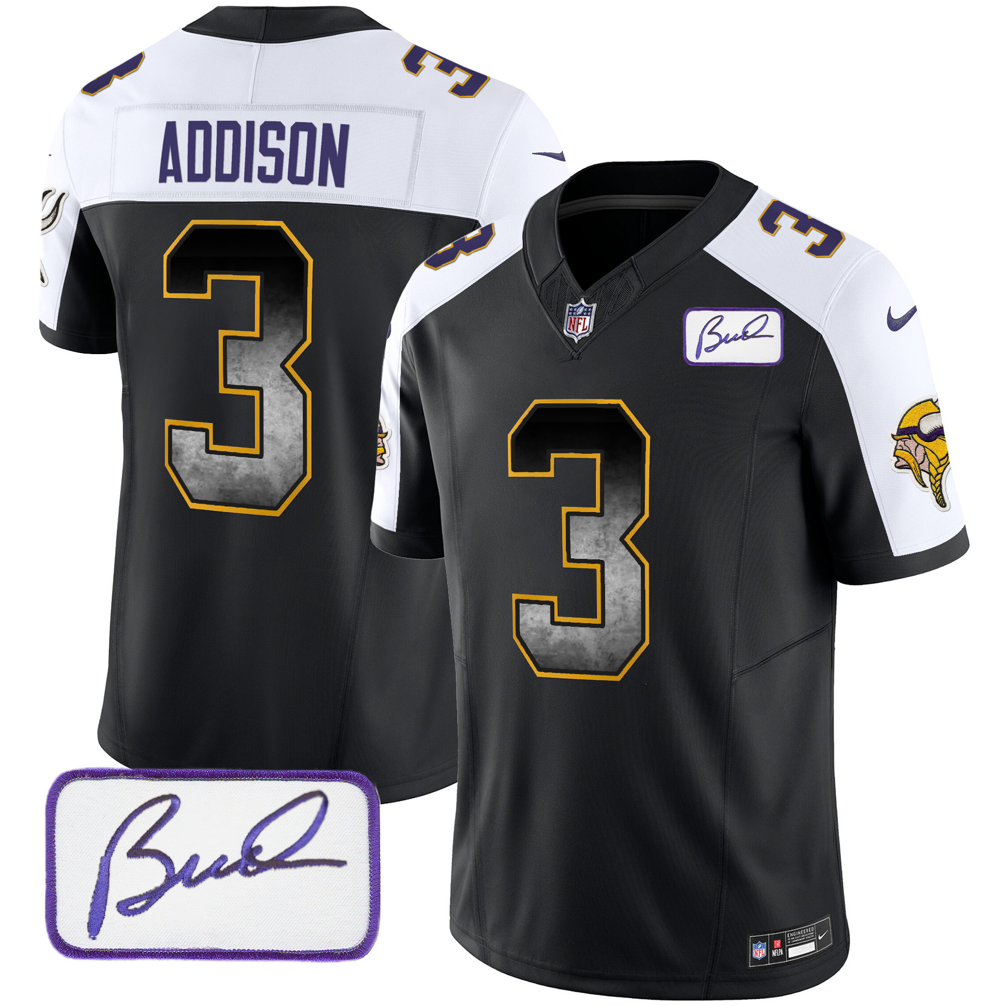 Jordan Addison Men's Minnesota Vikings Bud Grant Patch Arch Smoke Vapor Black Alternate Jersey - All Stitched