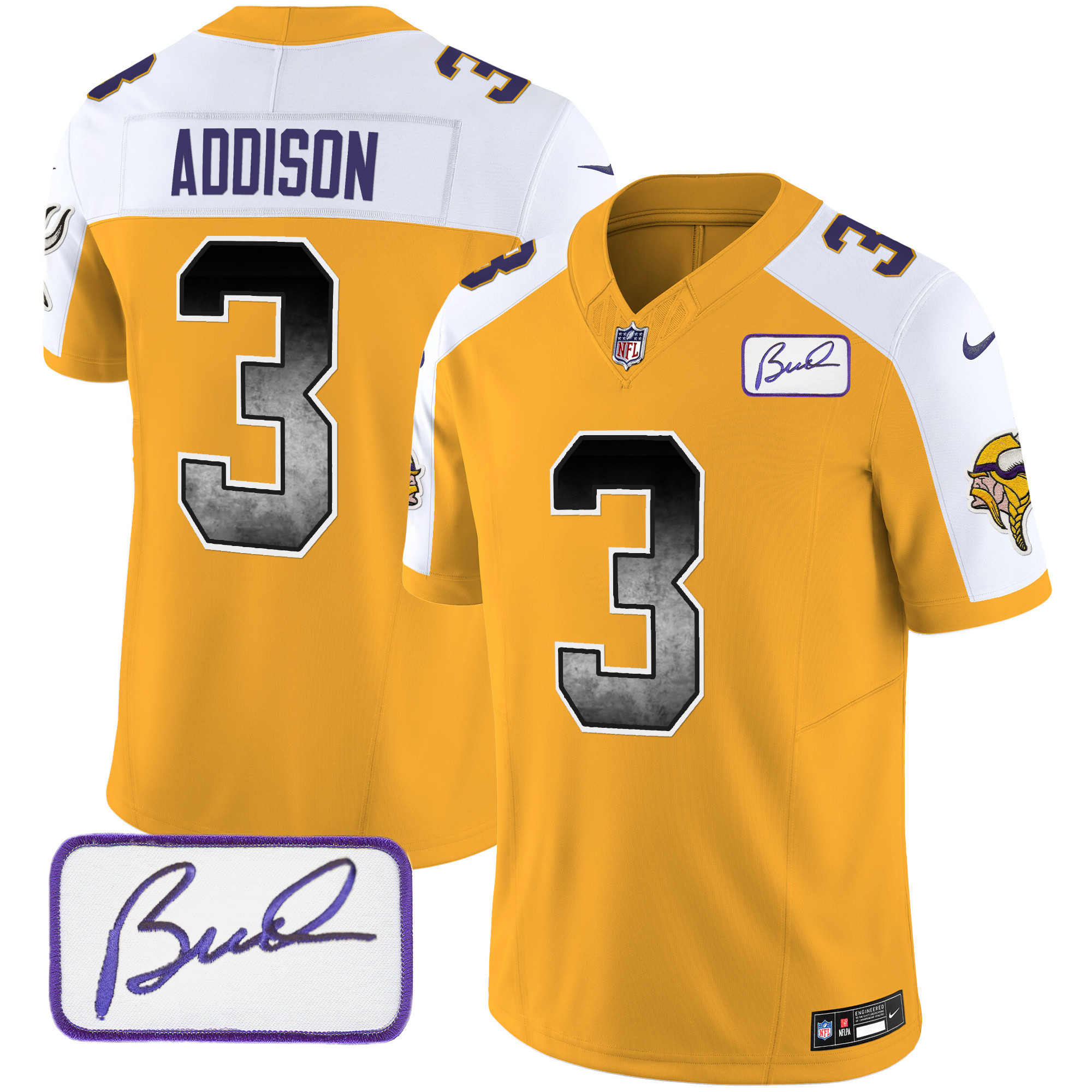 Jordan Addison Men's Minnesota Vikings Bud Grant Patch Arch Smoke Vapor Gold Alternate Jersey - All Stitched