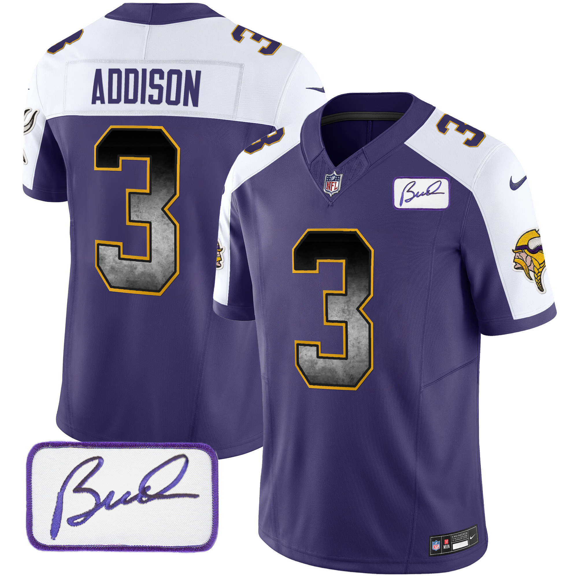 Jordan Addison Men's Minnesota Vikings Bud Grant Patch Arch Smoke Vapor Purple Alternate Jersey - All Stitched