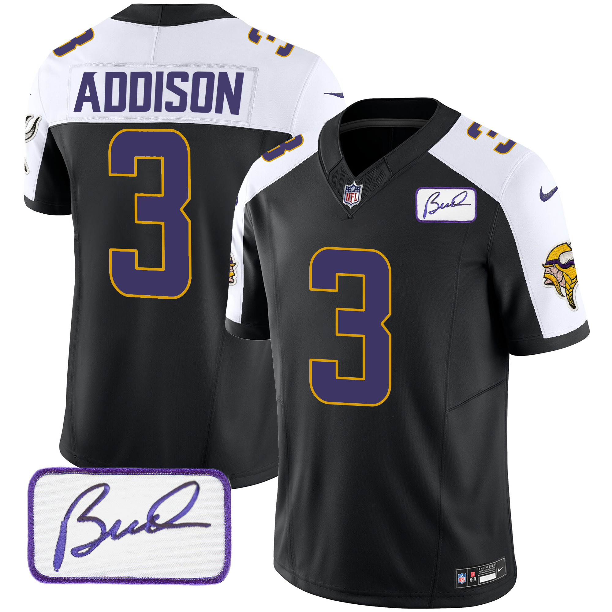 Jordan Addison Men's Minnesota Vikings Bud Grant Patch Classic Limited V4 Black Alternate Jersey - All Stitched