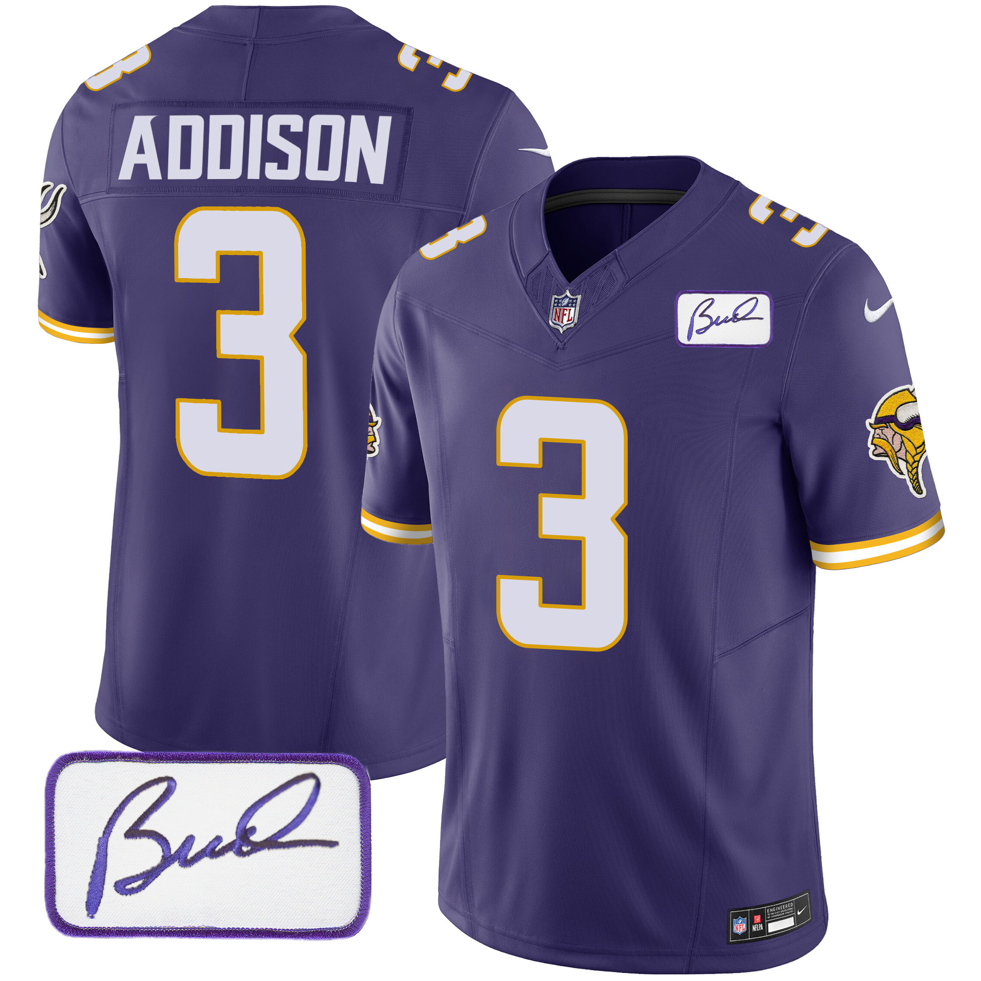 Jordan Addison Men's Minnesota Vikings Bud Grant Patch Classic Limited V4 Purple Jersey - All Stitched