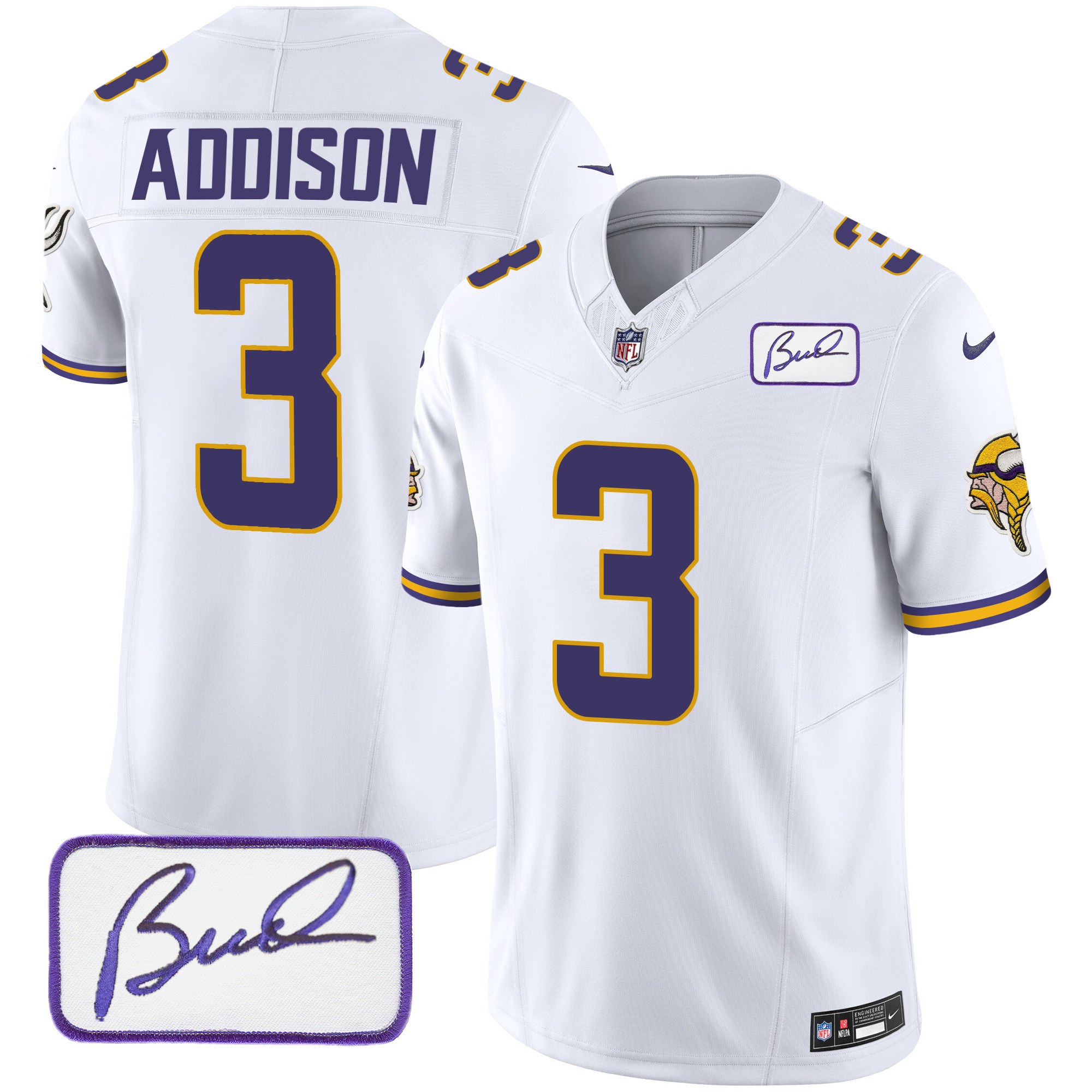 Jordan Addison Men's Minnesota Vikings Bud Grant Patch Classic Limited V4 White Jersey - All Stitched
