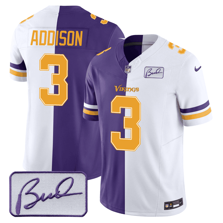 Jordan Addison Men's Minnesota Vikings Bud Grant Patch Purple/ White Split Jersey - All Stitched