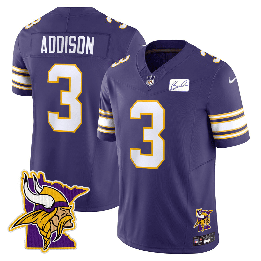 Jordan Addison Men's Minnesota Vikings Honor Bud Grant & Minnesota Map Patch Limited Purple Jersey - All Stitched