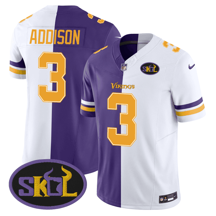 Jordan Addison Men's Minnesota Vikings SKOL Patch Purple/ White Split Jersey - All Stitched
