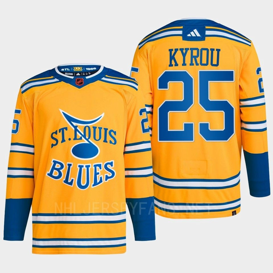 Jordan Kyrou 25 Reverse Retro 2.0 2022 St. Louis Blues Yellow Stitched Jersey Primegreen