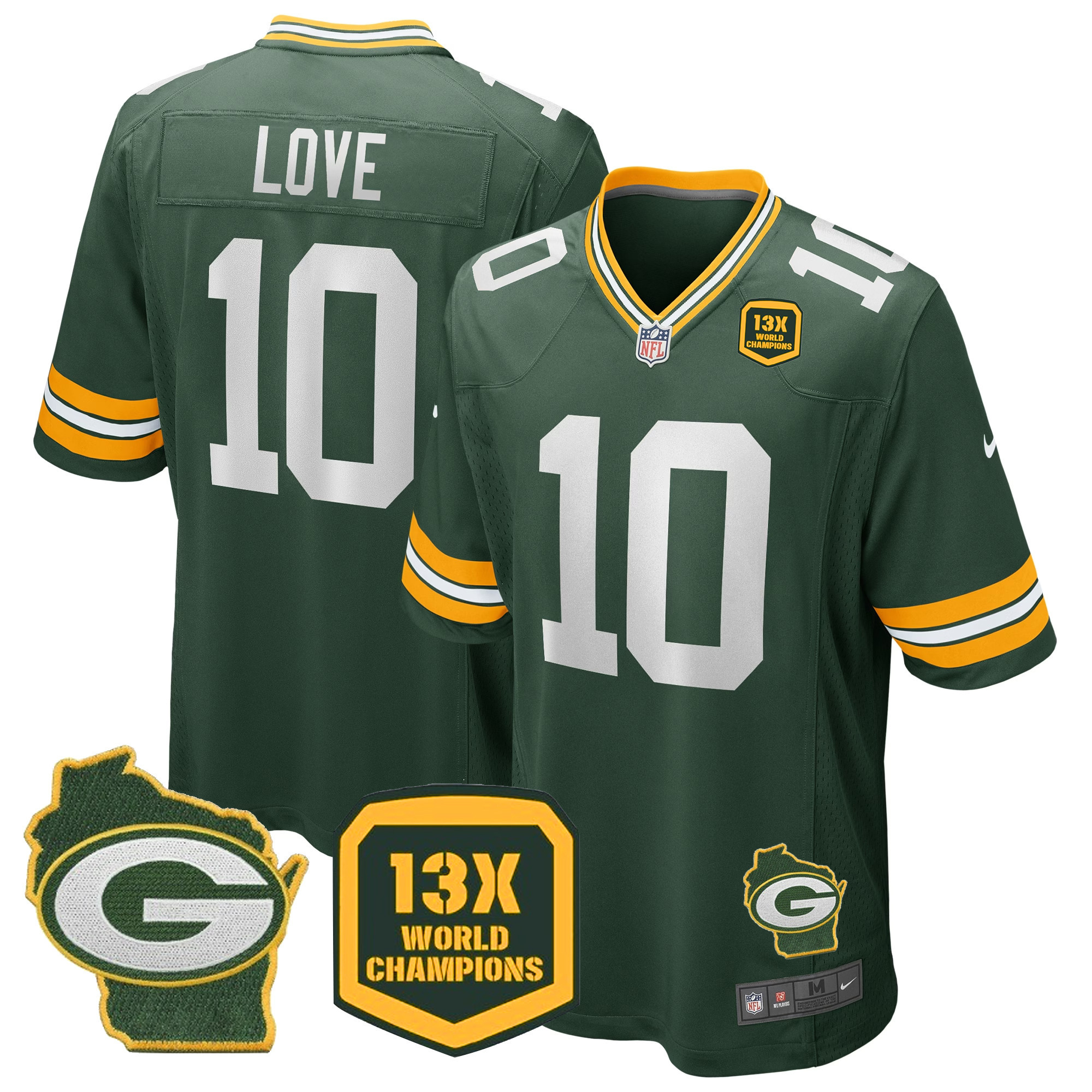 Jordan Love Men's Green Bay Packers 13 Time World Champions & Home Patch Game Green Jersey - All Stitched 