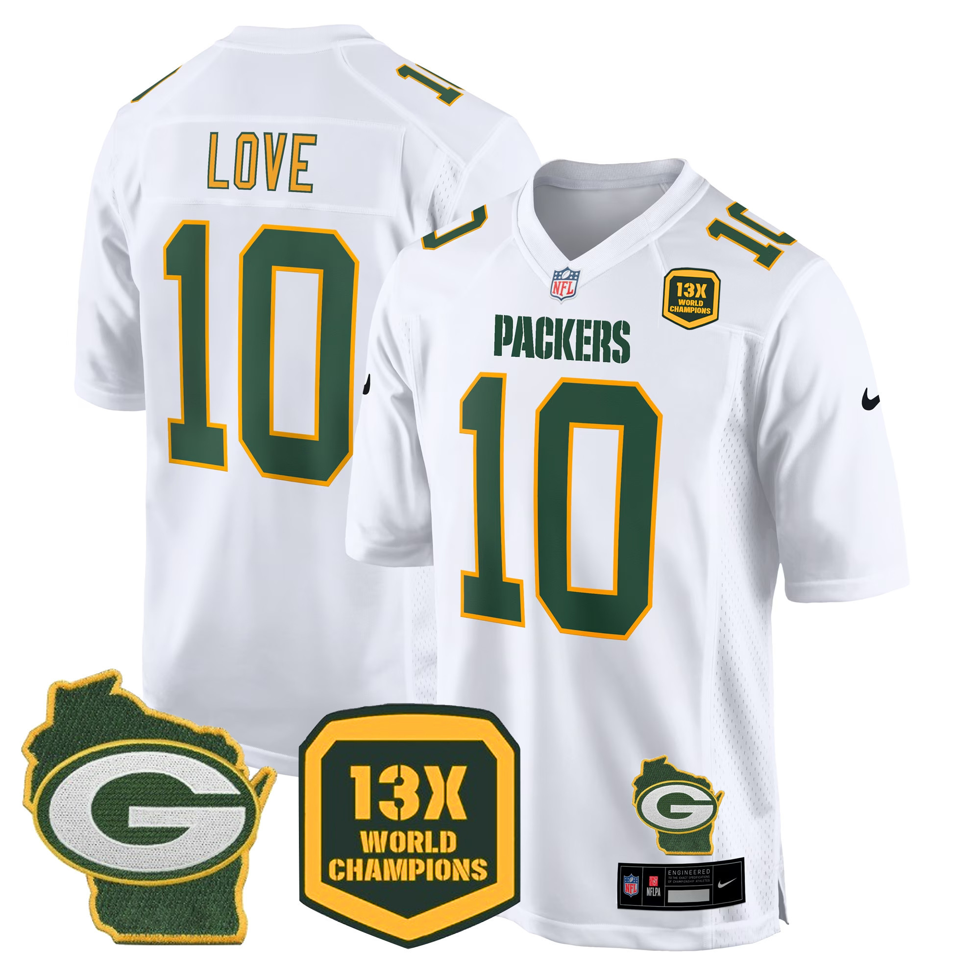 Jordan Love Men's Green Bay Packers 13 Time World Champions & Home Patch Game White Jersey - All Stitched 