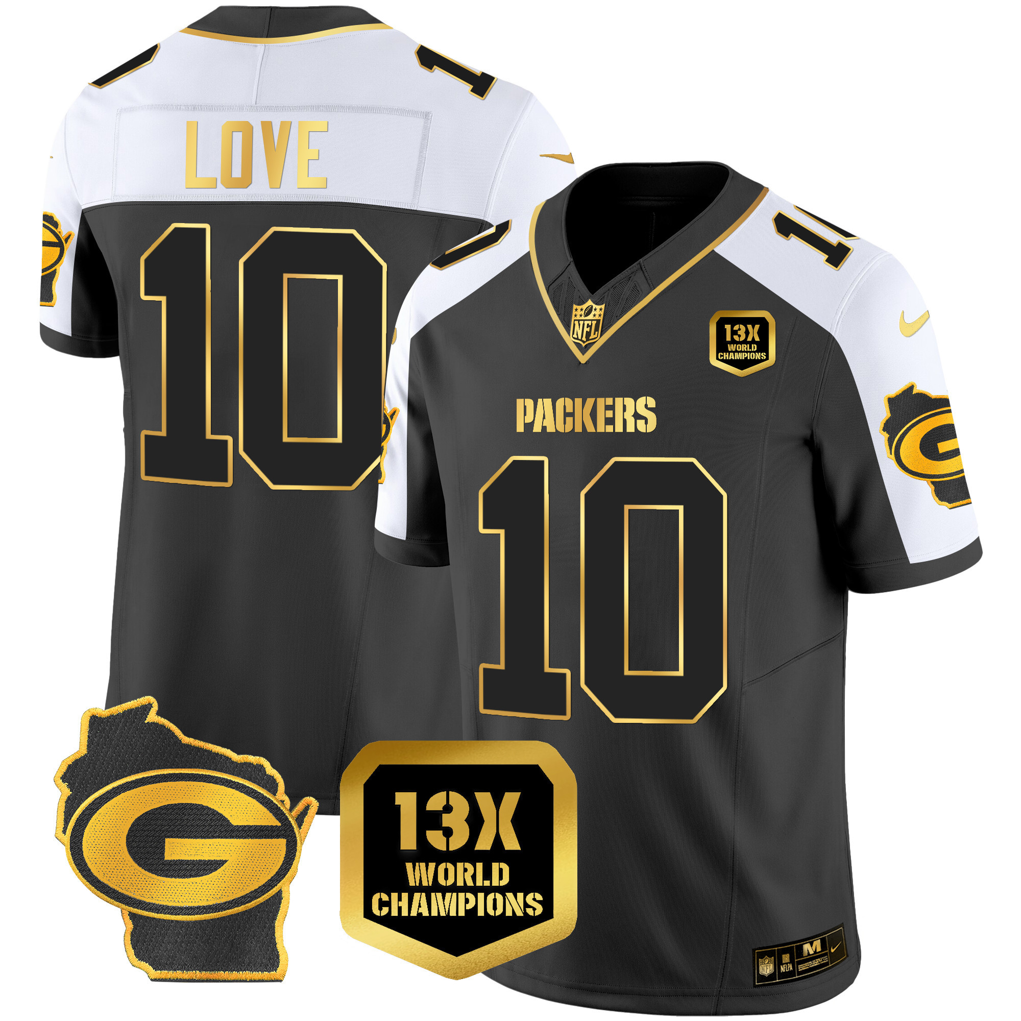 Jordan Love Men's Green Bay Packers 13 Time World Champions & Home Patch Gold Vapor Alternate Jersey - All Stitched 