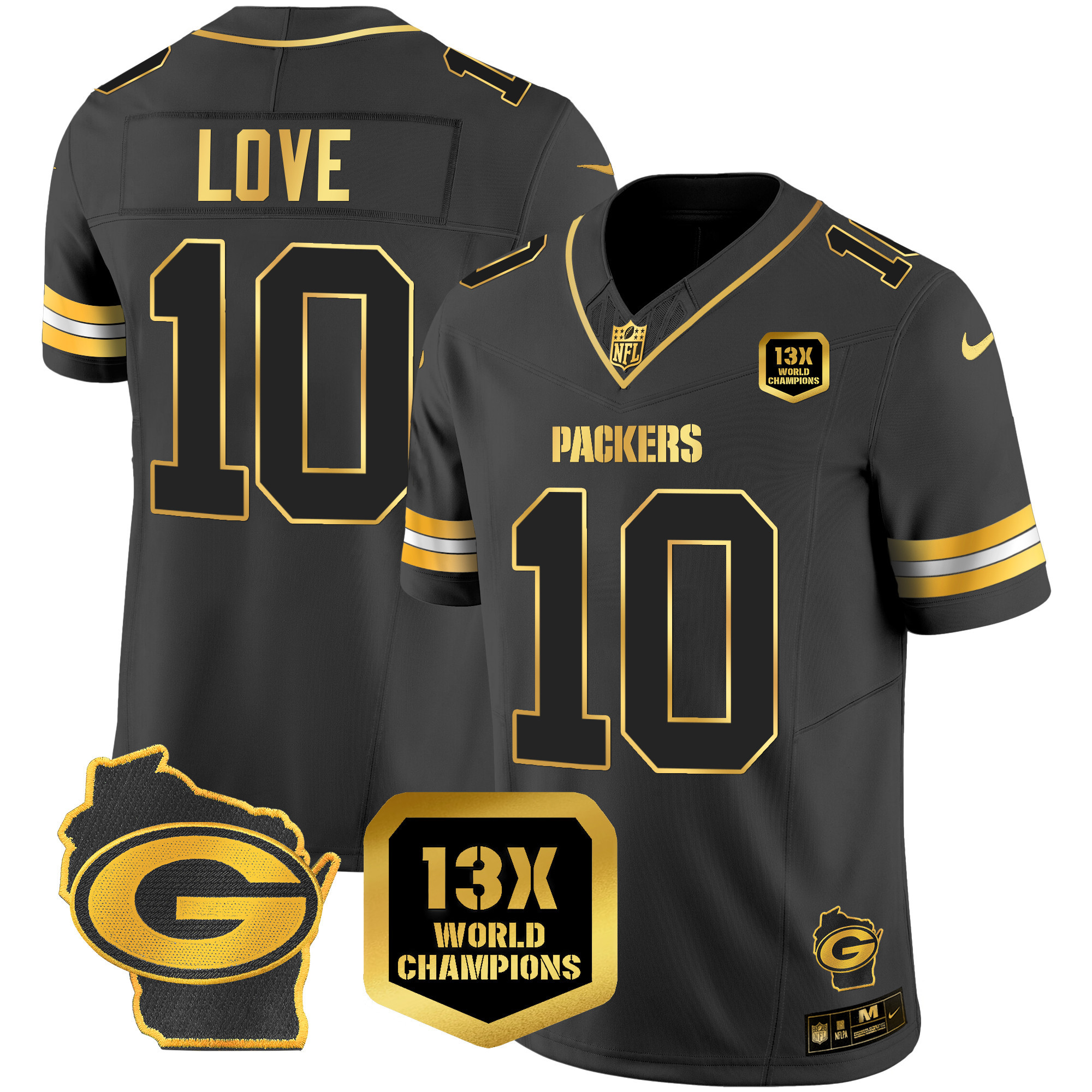 Jordan Love Men's Green Bay Packers 13 Time World Champions & Home Patch Gold Vapor Black Gold Jersey - All Stitched 