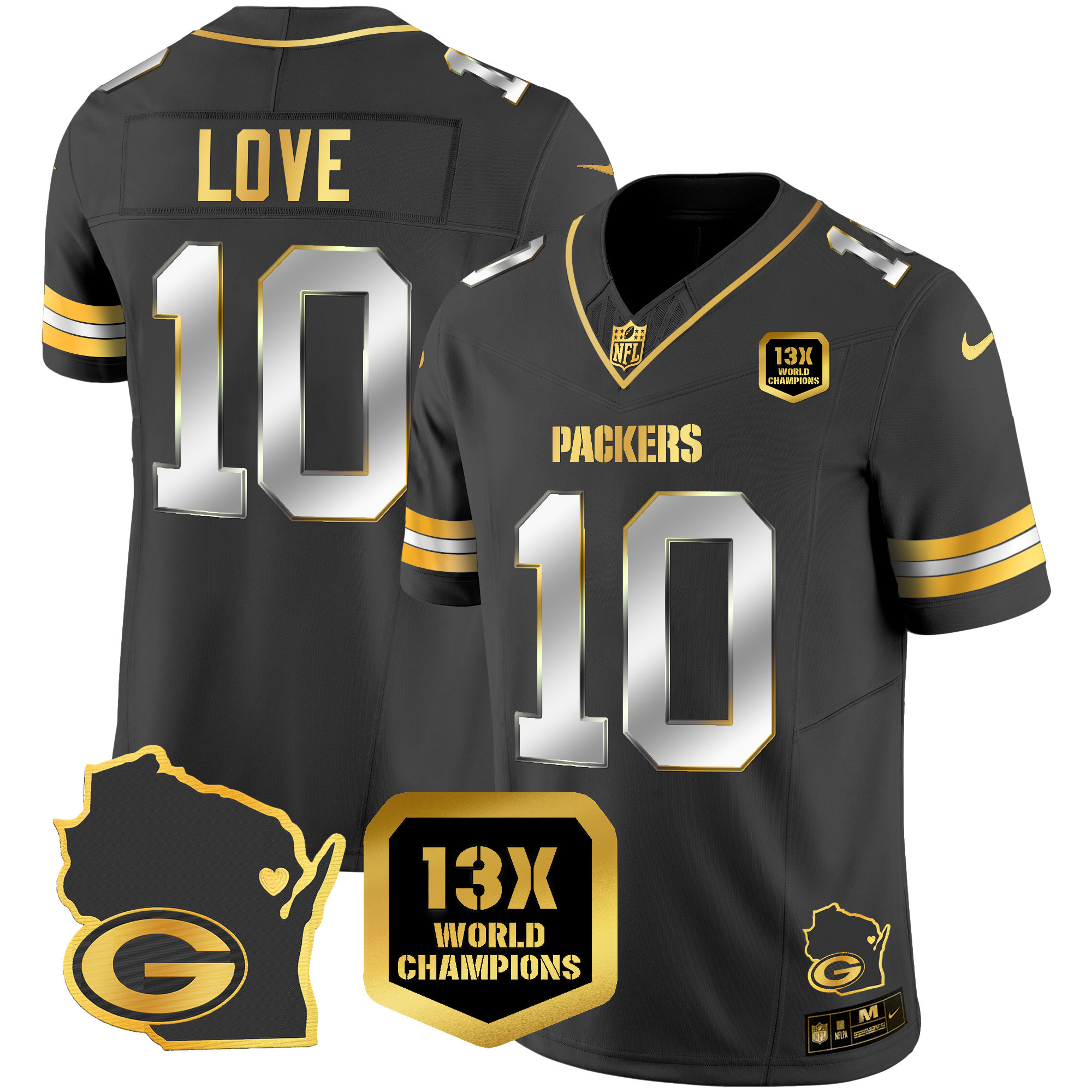 Jordan Love Men's Green Bay Packers 13 Time World Champions & Home Patch Gold Vapor Black Limited Jersey - All Stitched 