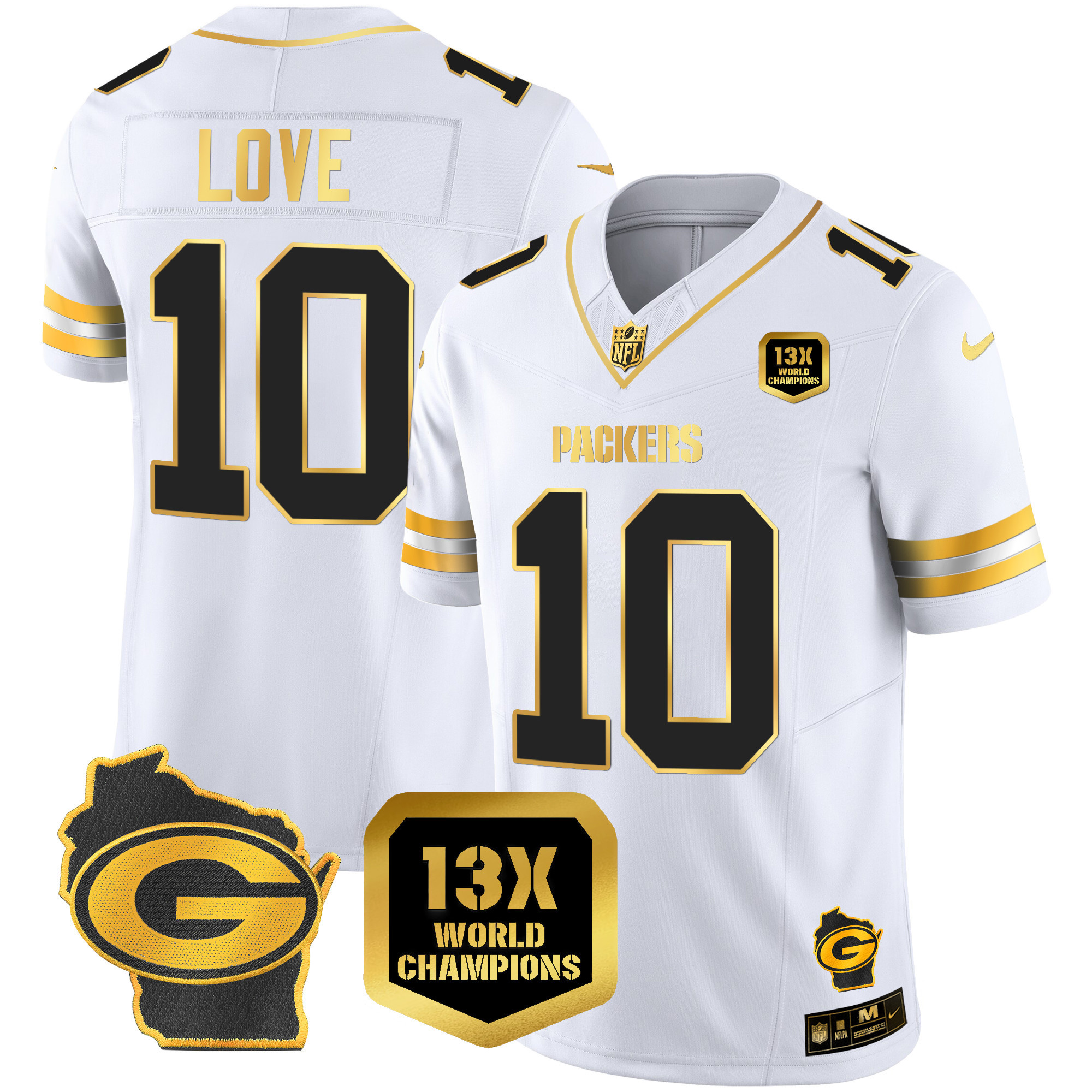 Jordan Love Men's Green Bay Packers 13 Time World Champions & Home Patch Gold Vapor White Gold Jersey - All Stitched 