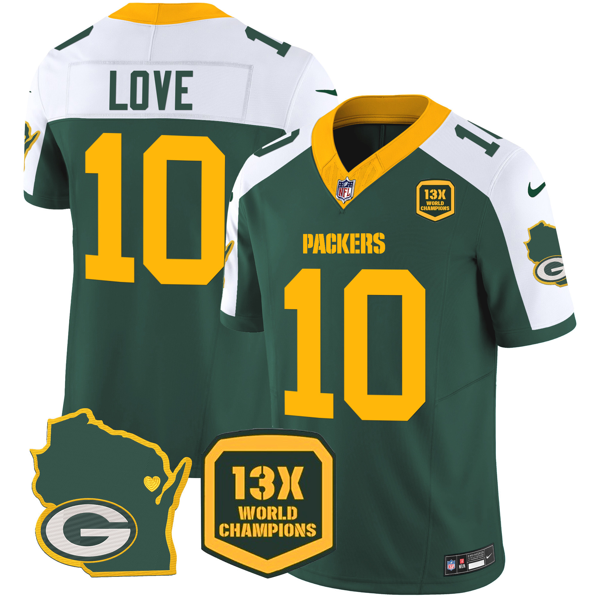 Jordan Love Men's Green Bay Packers 13 Time World Champions & Home Patch Vapor Alternate Jersey - All Stitched 