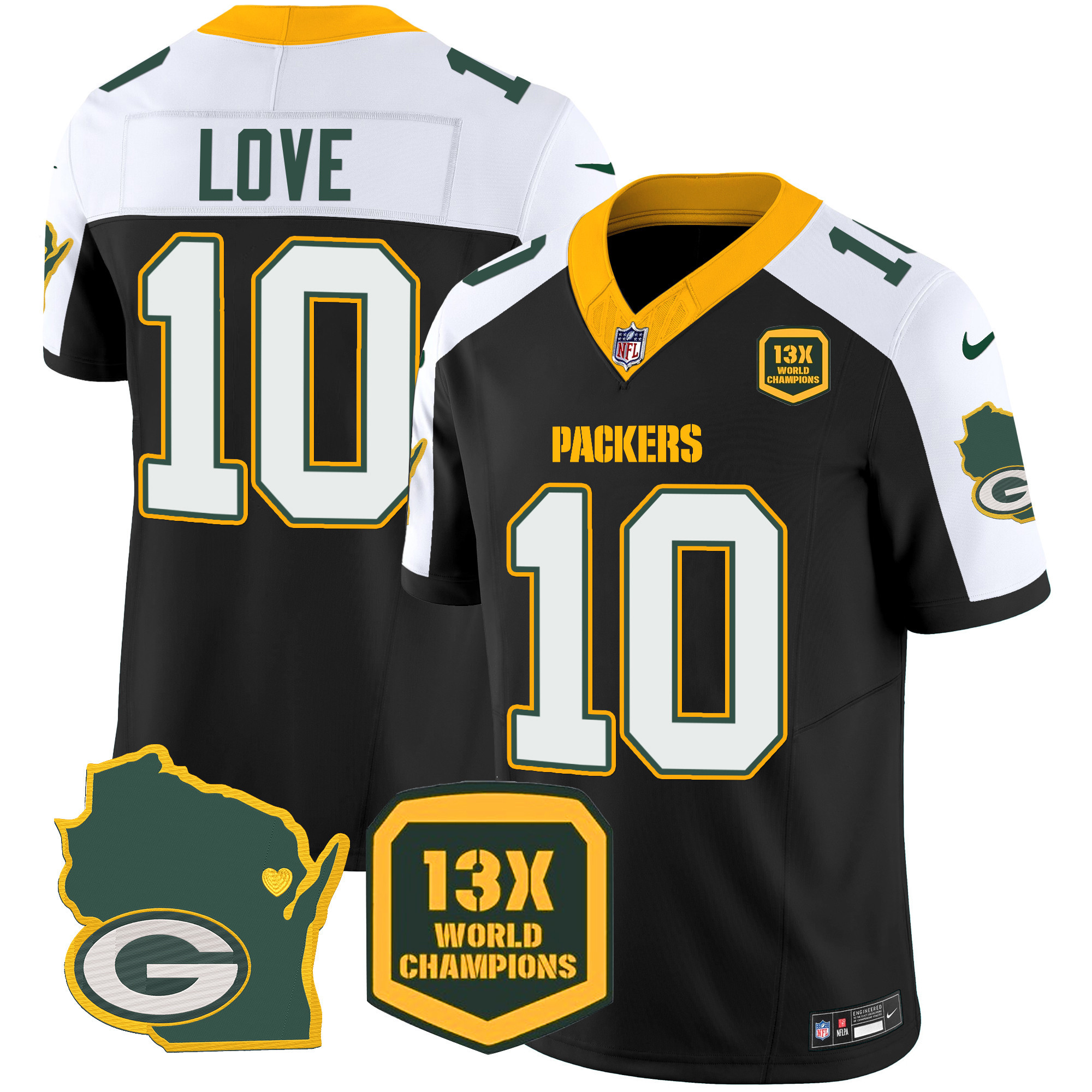 Jordan Love Men's Green Bay Packers 13 Time World Champions & Home Patch Vapor Black Alternate Jersey - All Stitched 