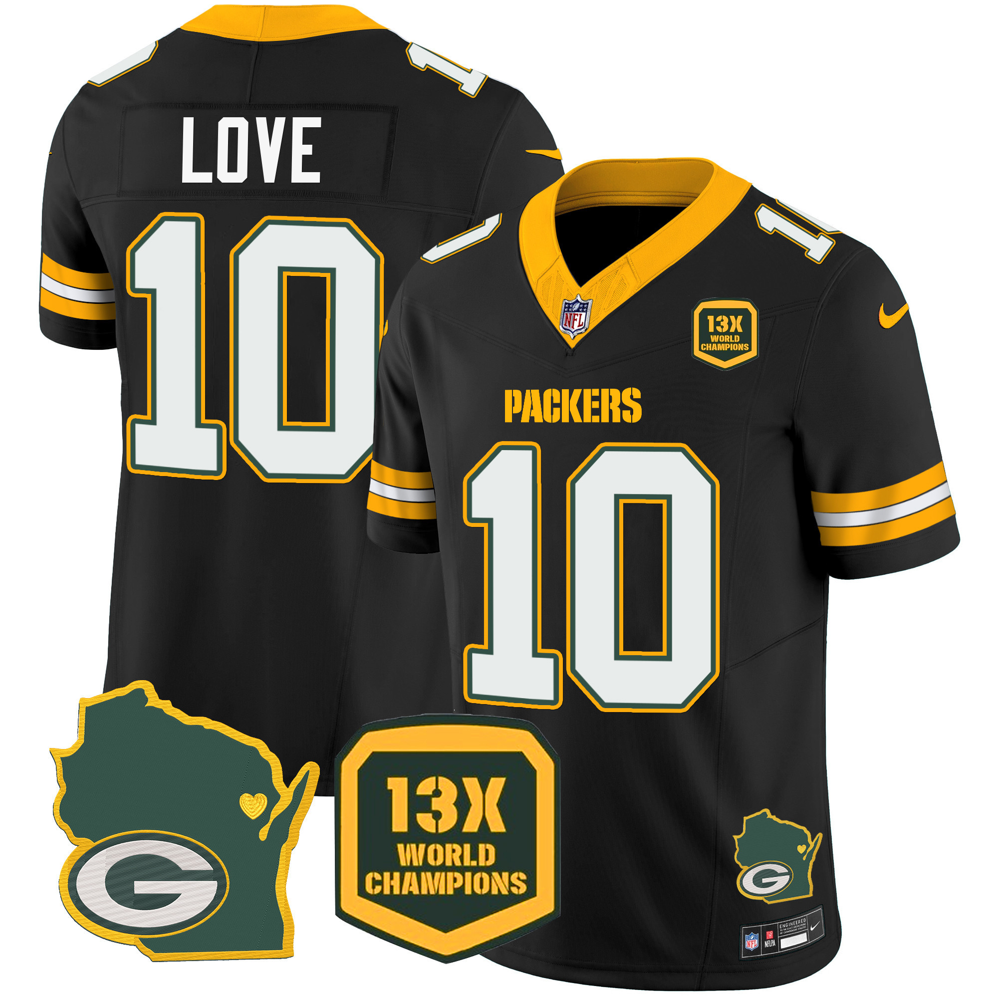 Jordan Love Men's Green Bay Packers 13 Time World Champions & Home Patch Vapor Black Jersey - All Stitched 